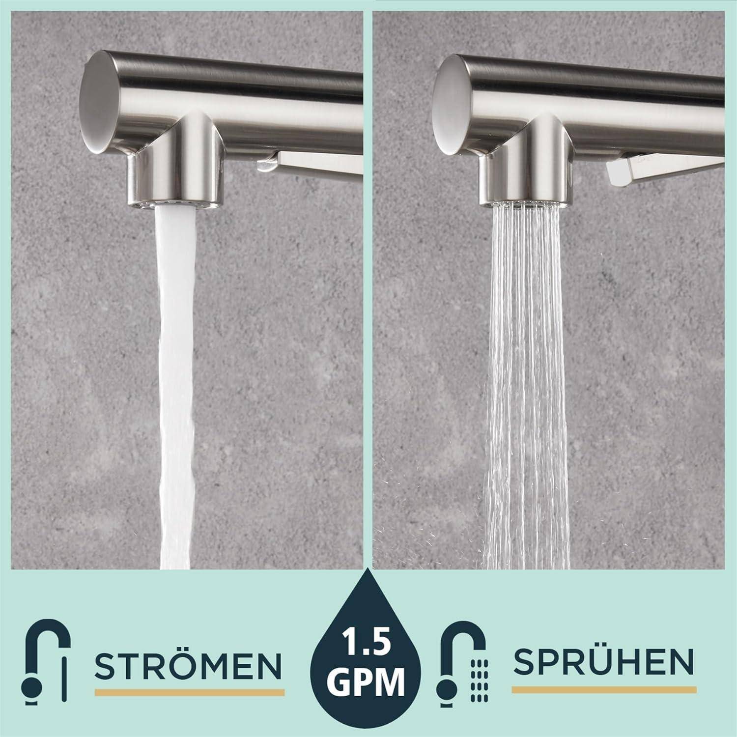 Wasserhahn mit zwei Wasserflussoptionen: linkes Bild zeigt einen gleichmäßigen Strahl, rechtes Bild zeigt den Sprühmodus. Beschriftung: 1,5 GPM.