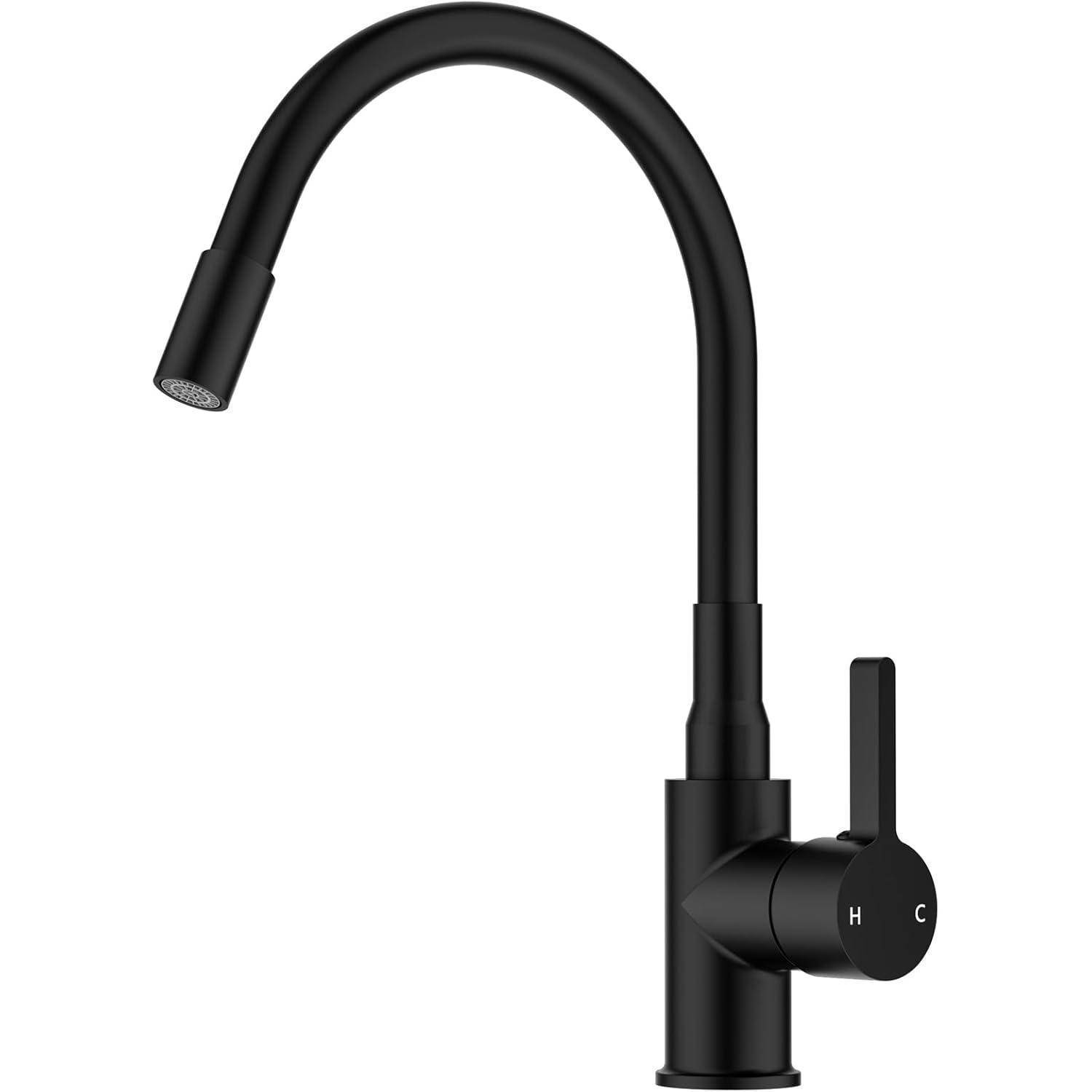 Schwarze Küchenarmatur mit geschwungenem Auslauf und seitlichem Hebel, gekennzeichnet mit H und C für Warmwasser- und Kaltwasserregelung.