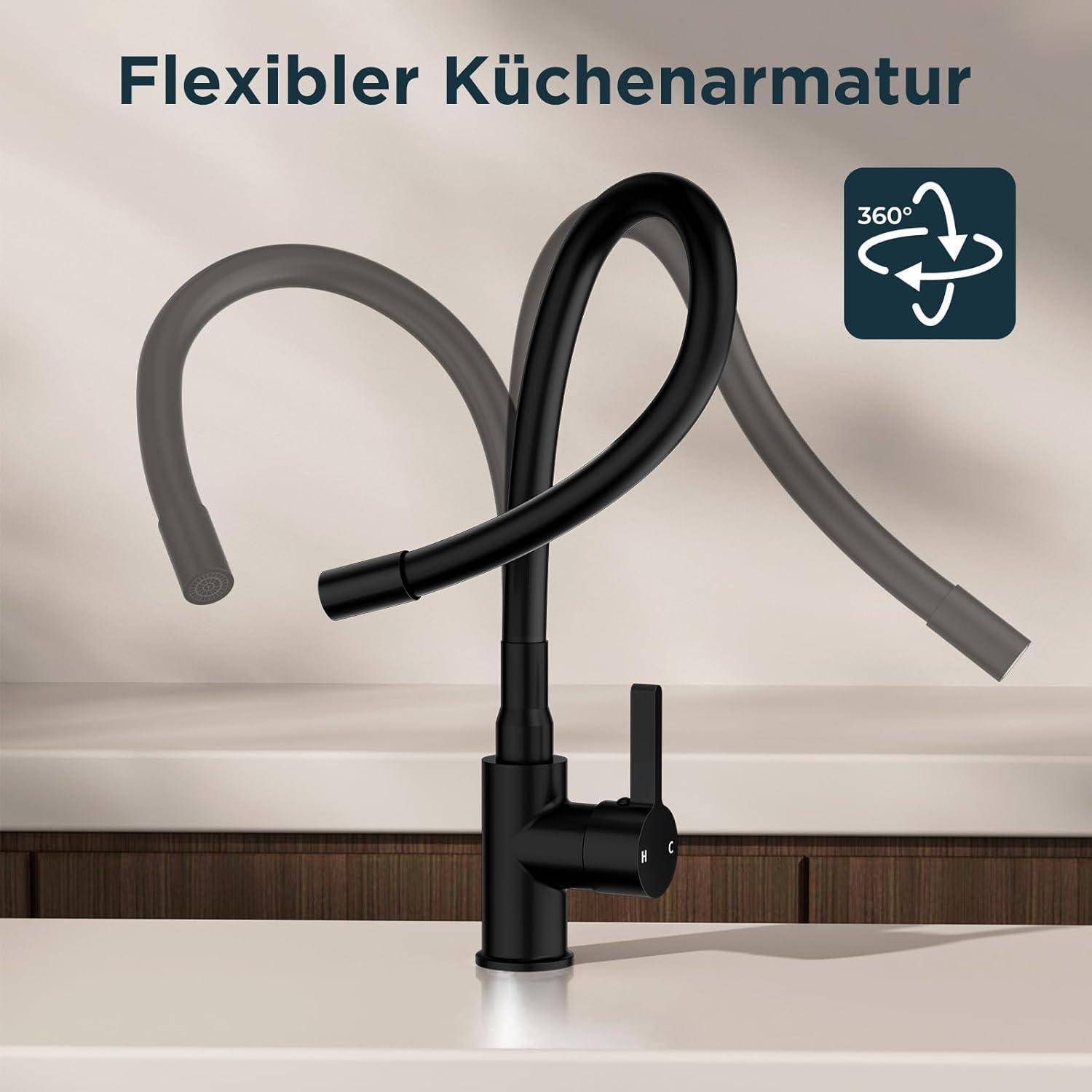 Ein flexibler Küchenhahn mit 360-Grad-Drehung, der in einer modernen Küchenumgebung präsentiert wird. Das Design unterstreicht seine Anpassungsfähigkeit.