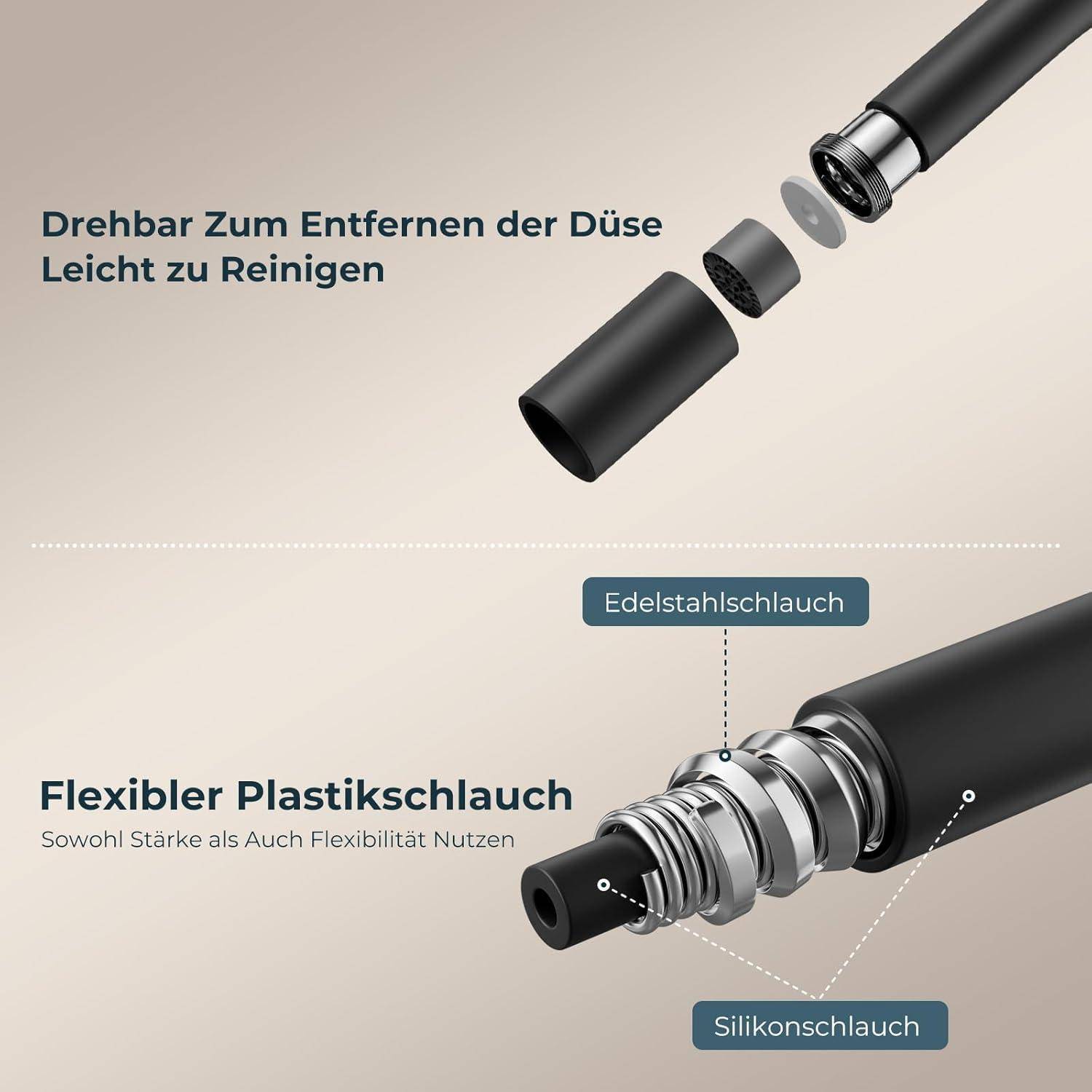 Diagramm, das einen flexiblen Plastikschlauch zeigt mit beschrifteten Teilen: 'Edelstahlschlauch' und 'Silikonschlauch'. Mit abnehmbarer Düse.