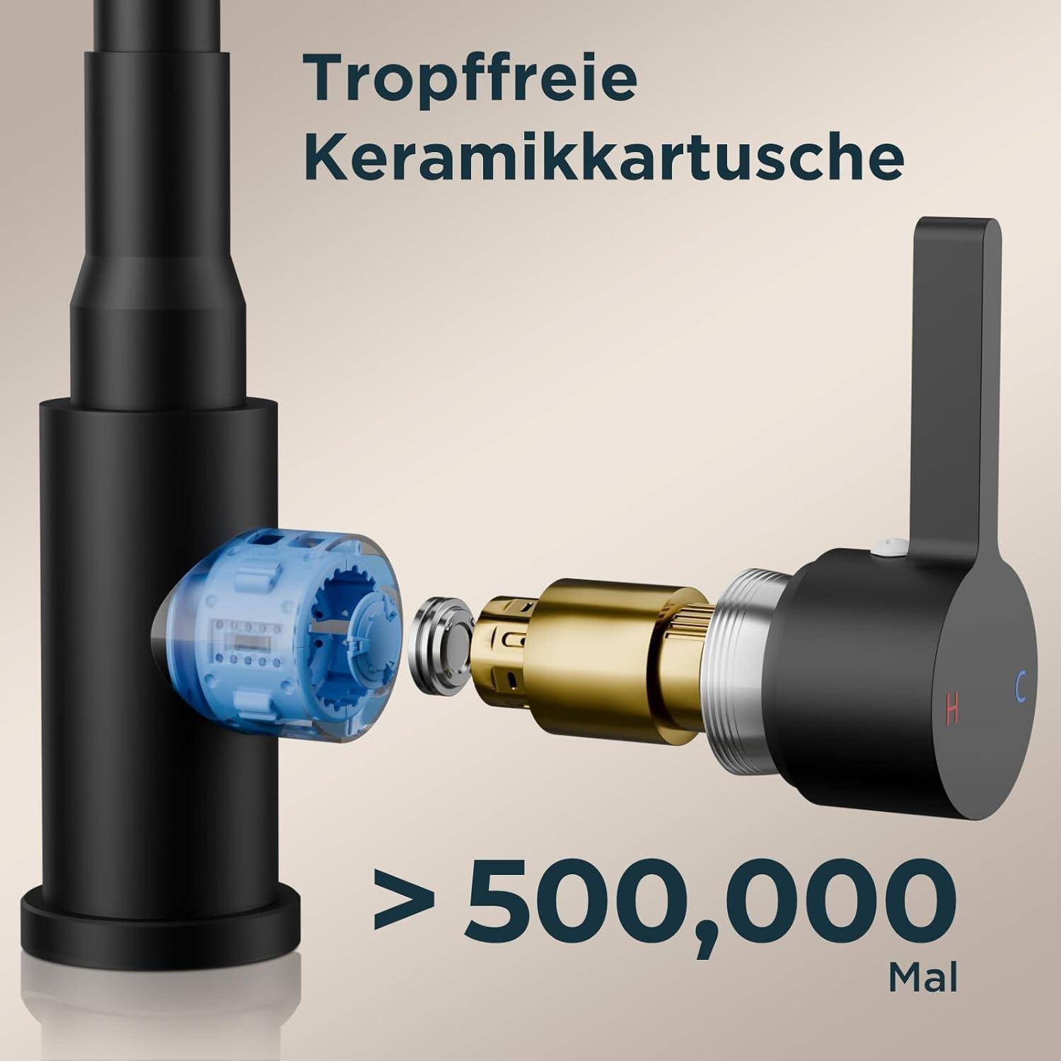 Wasserhahn-Diagramm zeigt eine tropffreie Keramikkartusche und betont deren Haltbarkeit mit dem Text: 'Tropffreie Keramikkartusche > 500.000 Mal'.