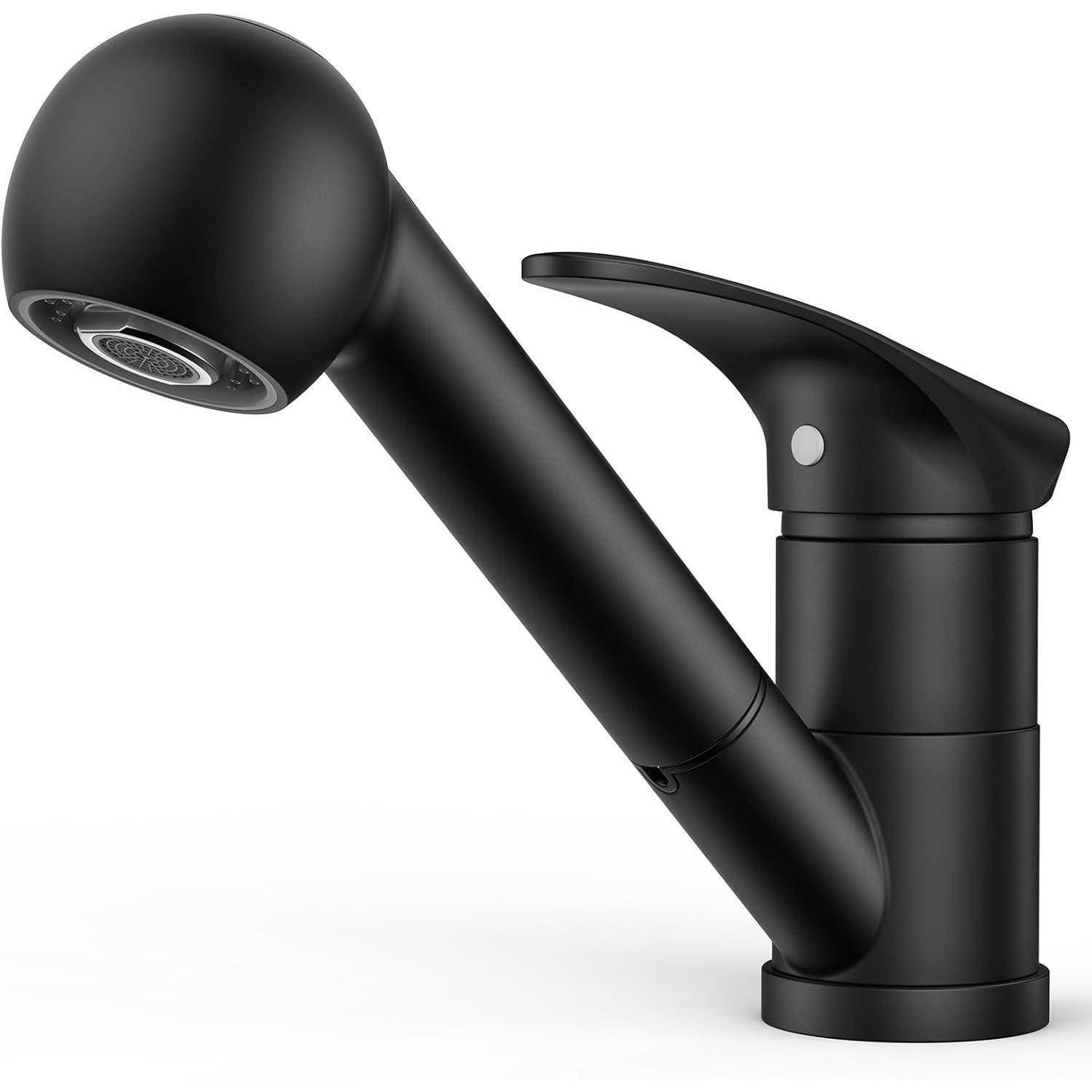 Eine schlanke, moderne schwarze Küchenarmatur mit hohem Auslauf und einem Einhebel-Griff für einfache Wasserfluss- und Temperaturregelung.