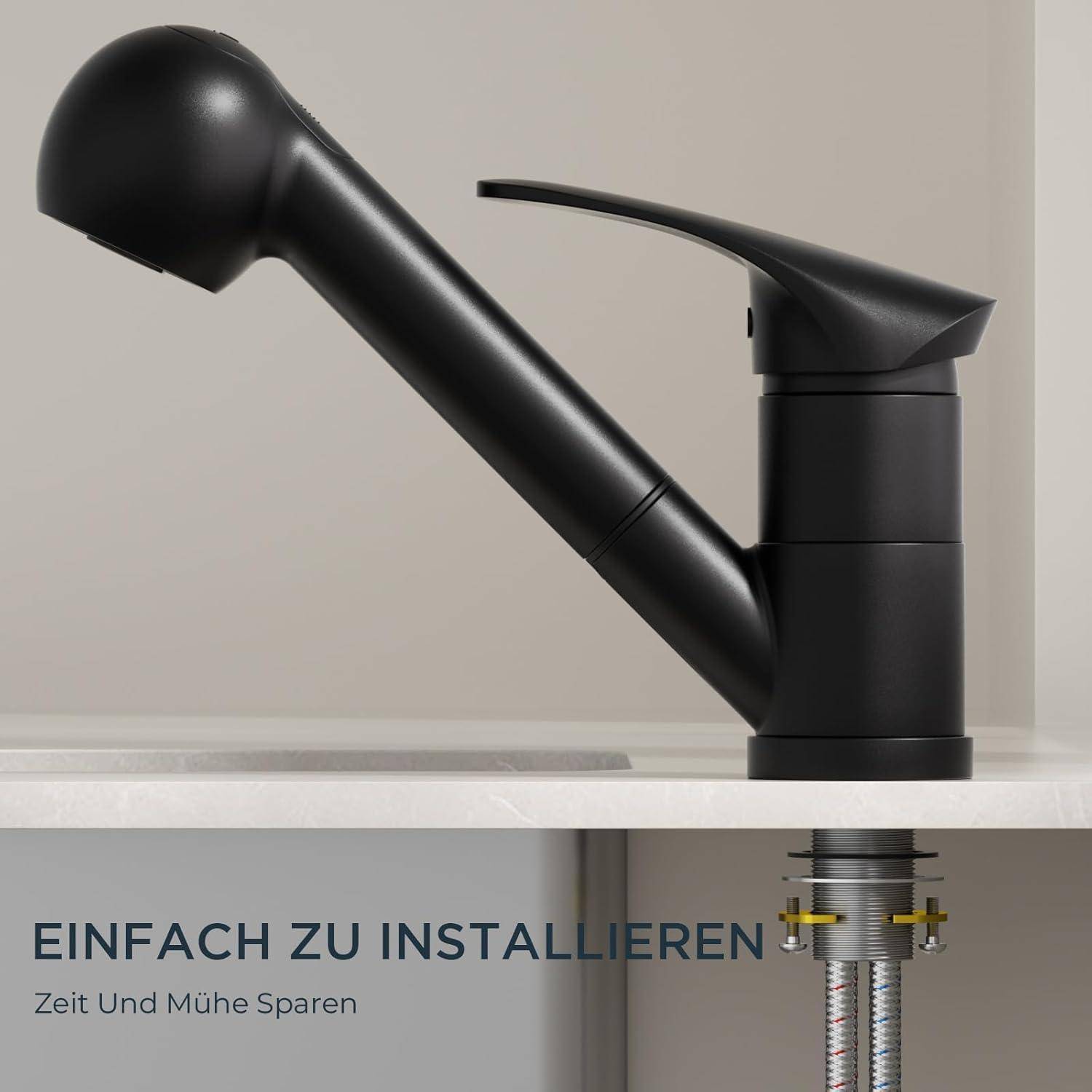 Schwarzer Wasserhahn, der über einem Waschbecken montiert ist und eine einfache Installationsmechanik zeigt. Text lautet: 'Einfach zu installieren - Zeit und Mühe sparen.