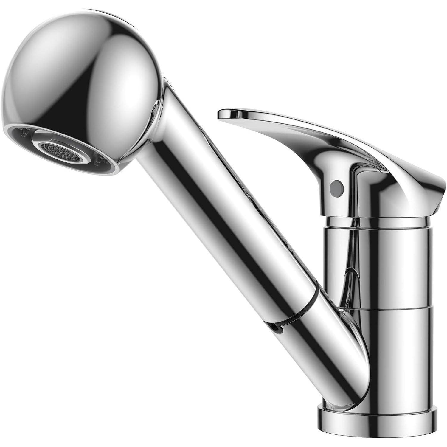 Ein moderner, verchromter Küchenhahn mit ausziehbarer Brause, konzipiert für einfache Reinigung und Vielseitigkeit beim Wasserfluss.