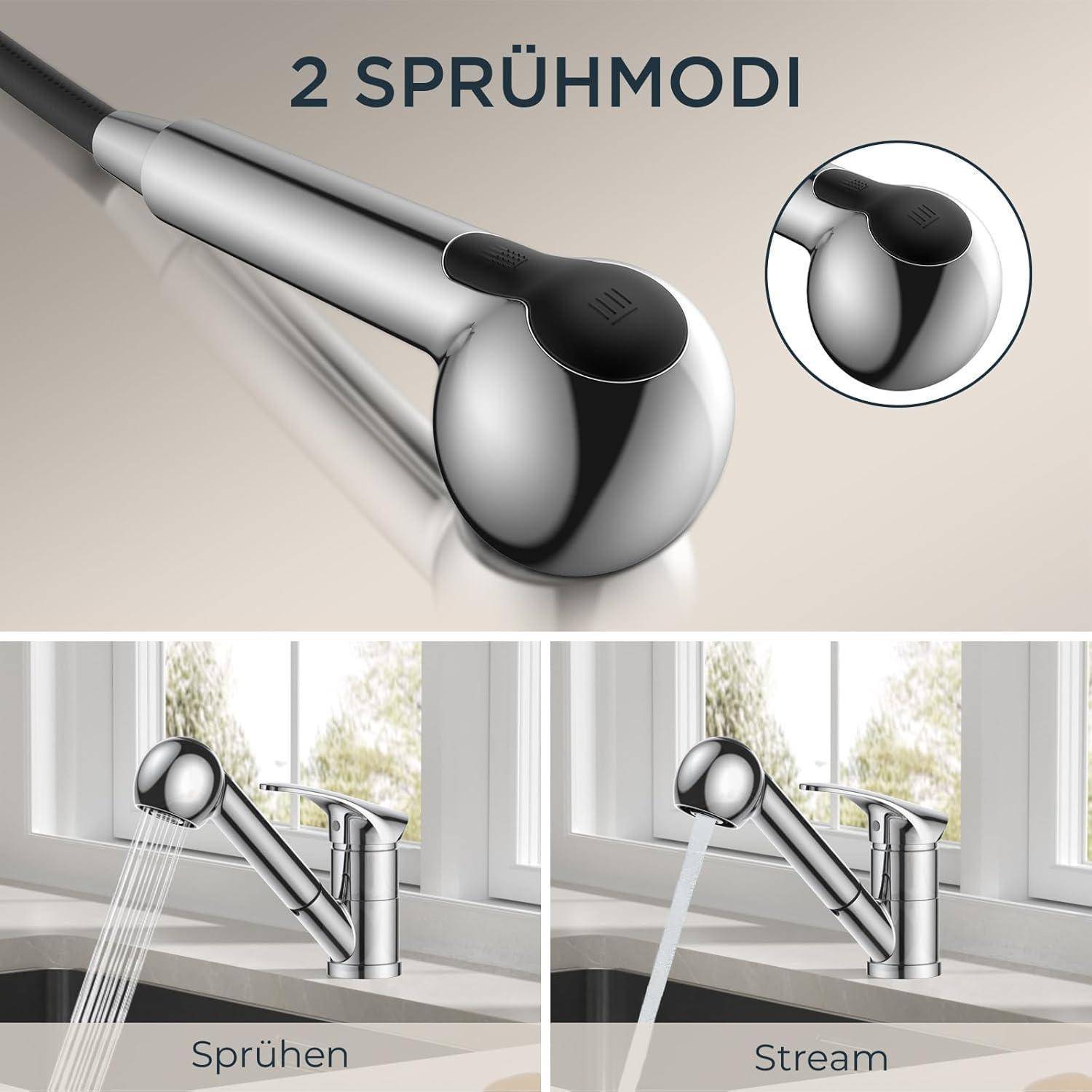 Ein Küchenarmatur zeigt zwei Modi, ‚Spray' und ‚Stream', mit Nahaufnahmen, die die Wasserflussoptionen aus dem Armaturenkopf veranschaulichen.