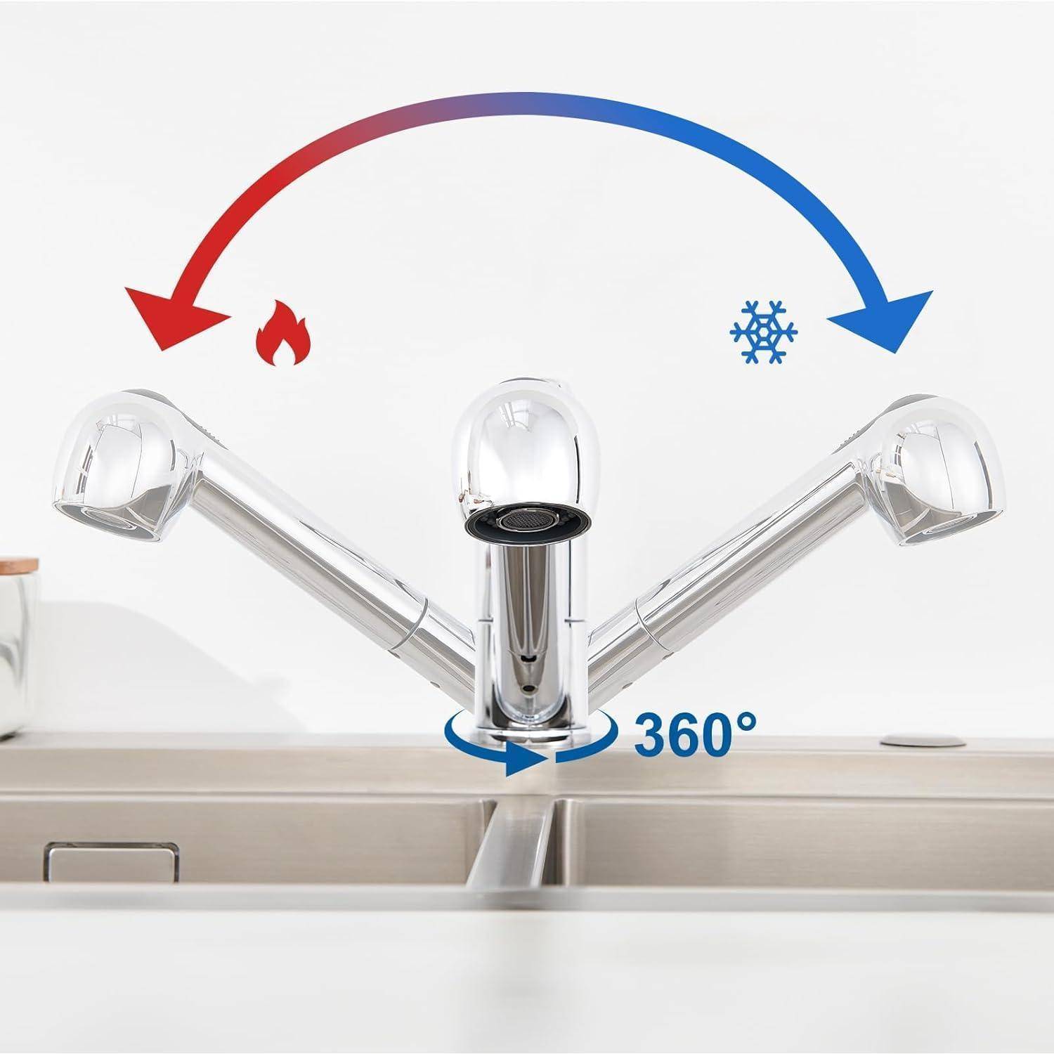 Ein Wasserhahn aus Edelstahl für die Küche mit 360-Grad-Schwenkfunktion, der mit roten und blauen Pfeilen die Richtungen für Warm- und Kaltwasser anzeigt.