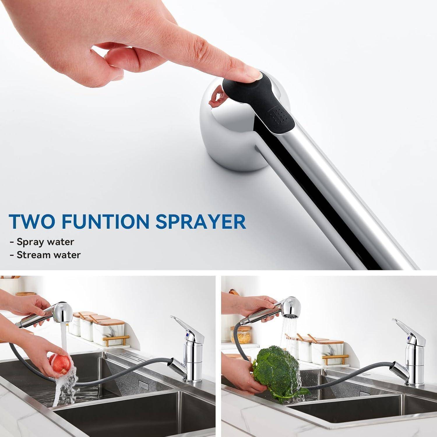 Zweistrahliges Sprühgerät: Wasserstrahl, Wassernebel.' Bild zeigt eine Hand, die einen Wasserhahn bedient, mit Nahaufnahmen beider Wassereinstellungen.