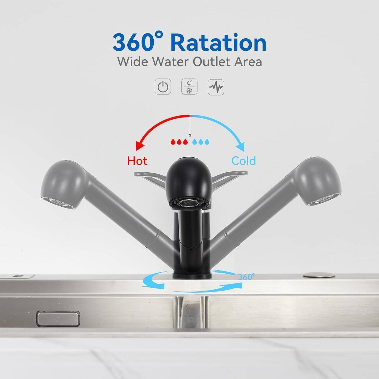 360° Drehung Breite Wasserauslassbereich' Wasserhahn mit Warmwasser- und Kaltwasserregelung und einem schwenkbaren Design für flexible Nutzung.