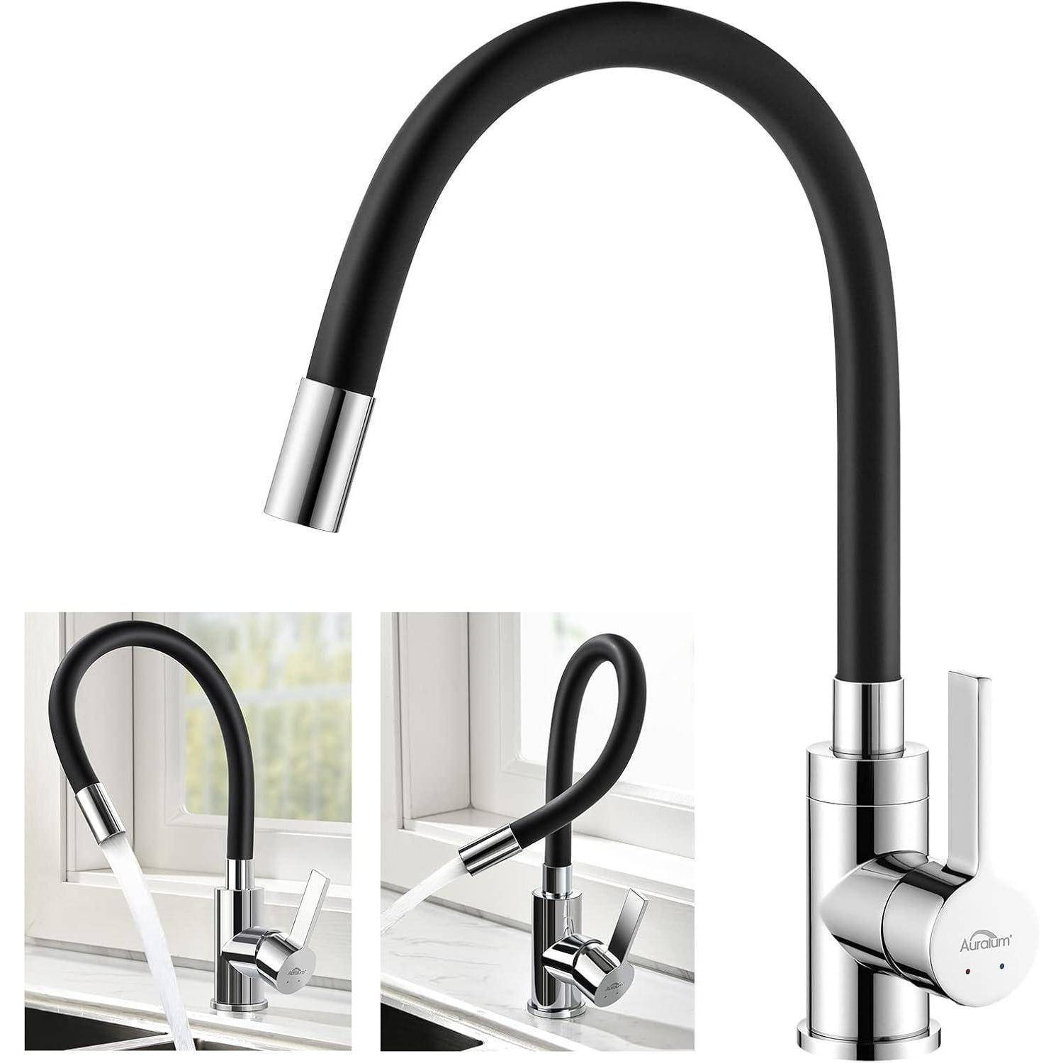 Eine elegante schwarze und verchromte Küchenarmatur mit hohem Bogen, begleitet von zwei kleineren Bildern, die die Armatur zeigen, wie sie Wasser in ein Waschbecken spritzt.