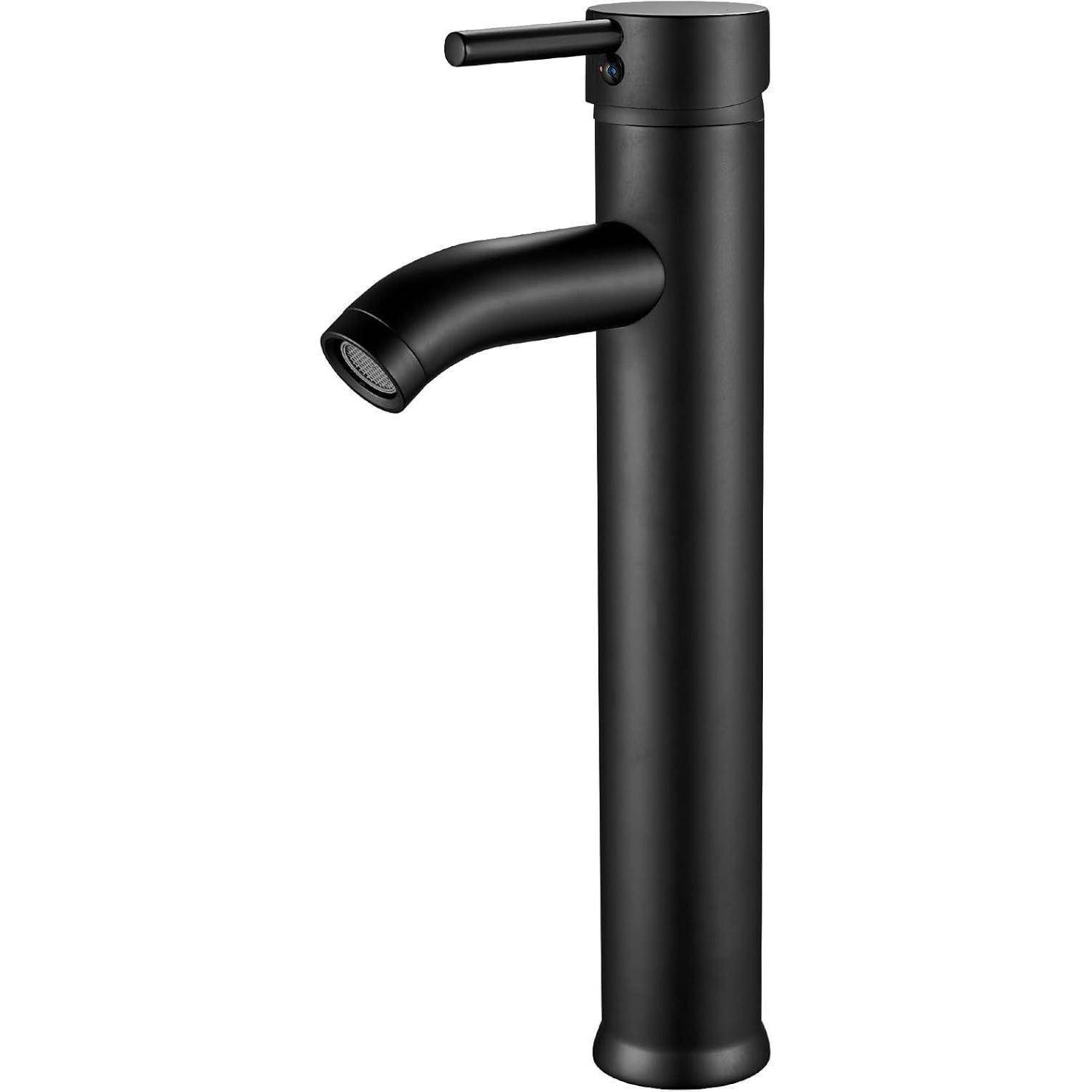 Ein schlanker, moderner schwarzer Wasserhahn mit einer zylindrischen Basis und einem seitlichen Hebel, geeignet für eine Badezimmerumgebung.