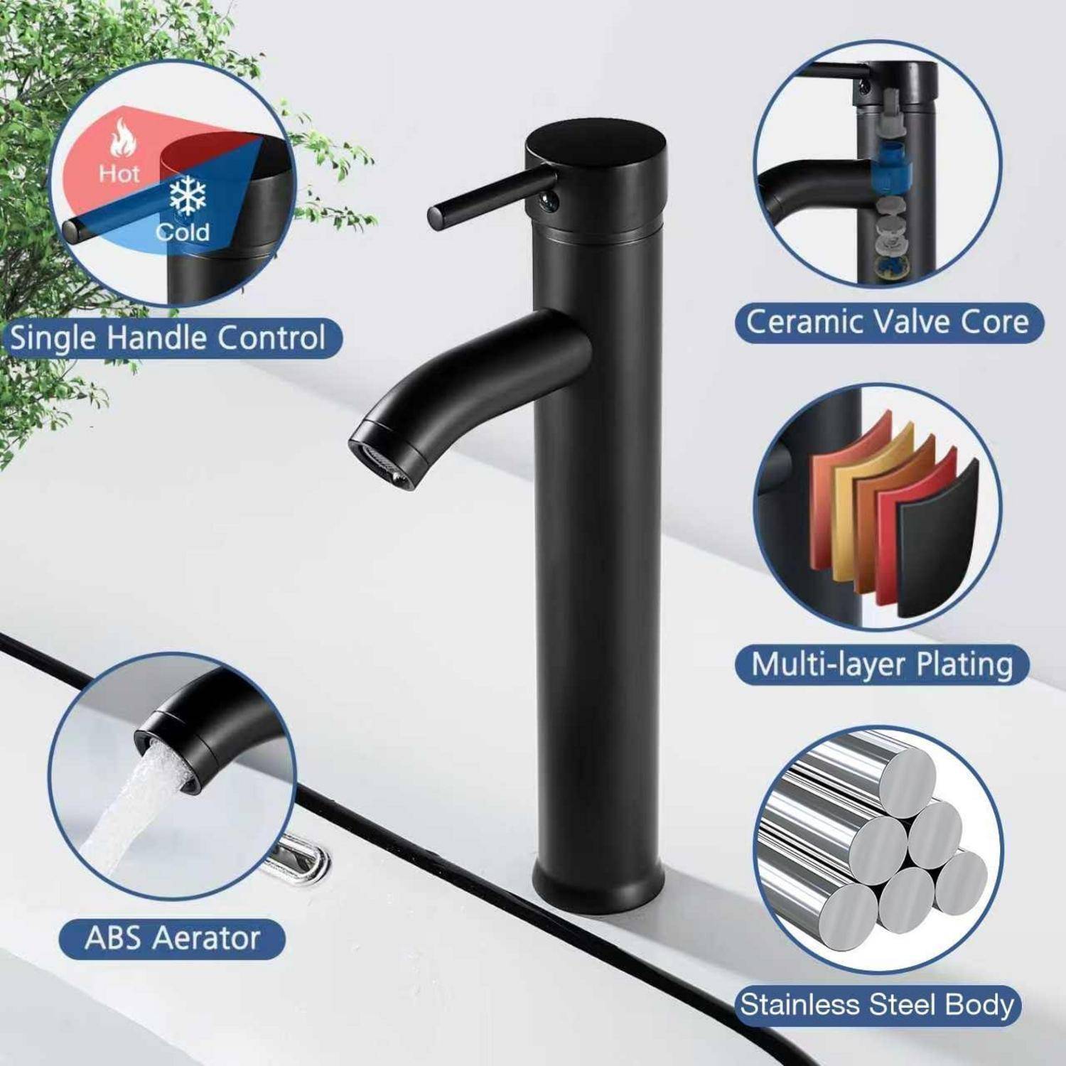 Schwarzer Wasserhahn mit Einzelhebel, Keramikventileinsatz, ABS-Luftsprudler, mehrschichtige Beschichtung, Edelstahlkörper. Wasser fließt in das Waschbecken.