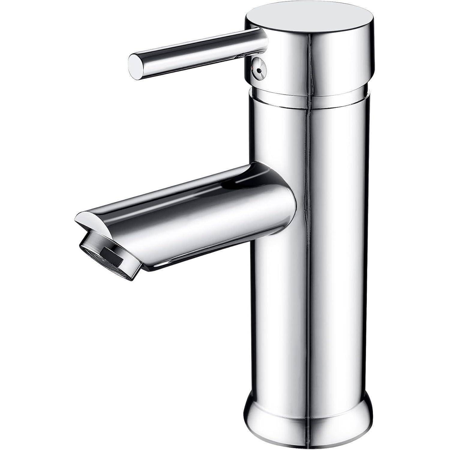 Eine schlanke, moderne Chrom-Armatur mit einem zylindrischen Körper und einem einzelnen Hebel, die für moderne Badezimmer oder Küchen konzipiert ist.