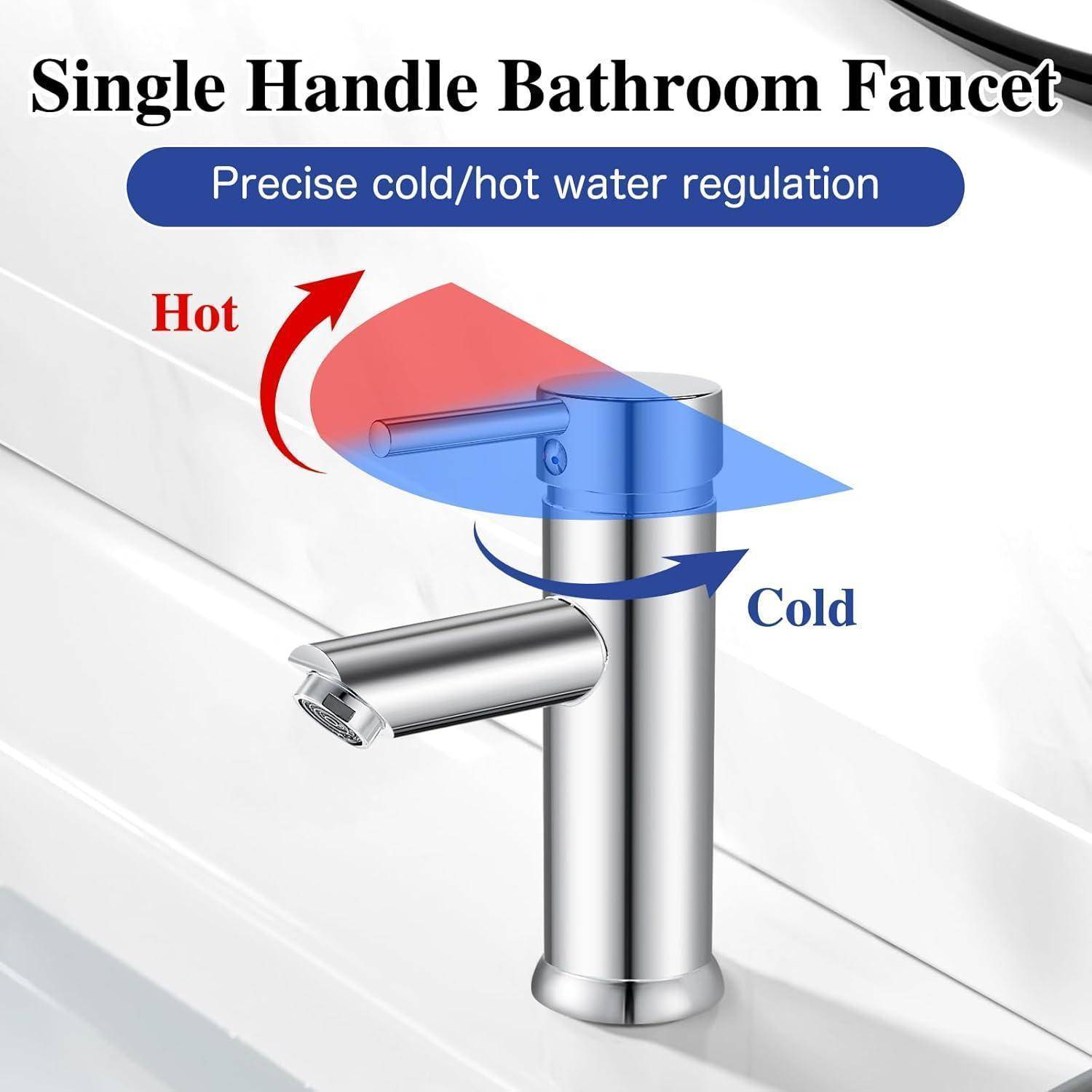 Einhand-Waschtischarmatur mit präziser Kalt- und Warmwasserregulierung. Blaue und rote Pfeile zeigen den Kalt- und Warmwasserfluss an.