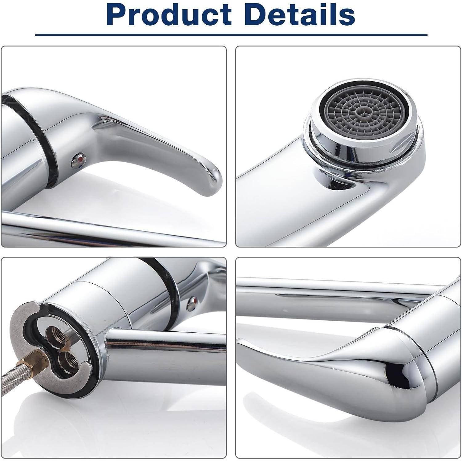 Produktdetails zeigt einen Chrom-Wasserhahn mit detaillierten Ansichten von Auslauf, Strahlregler, Griff und Befestigungsmaterial.