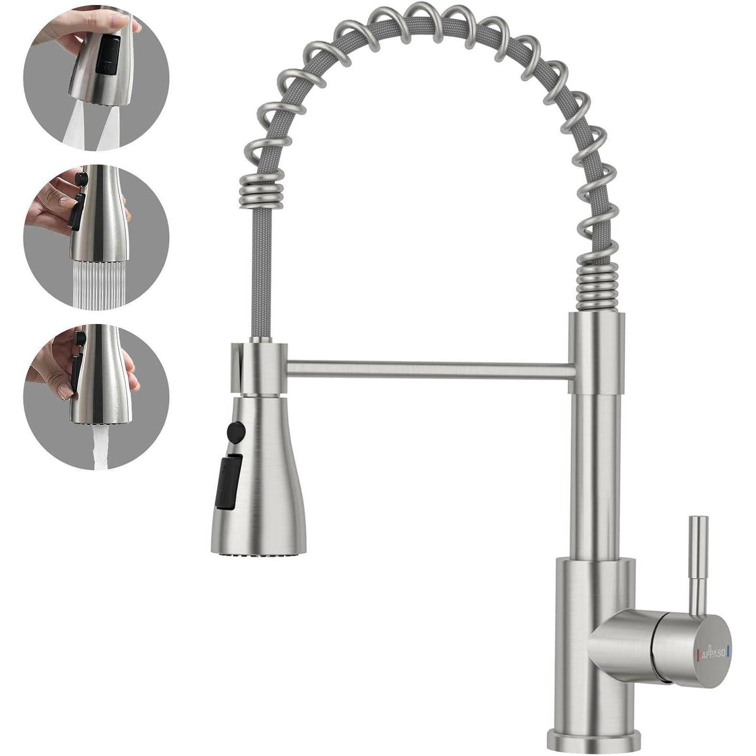 Ein Küchenarmatur aus Edelstahl mit flexibler Spiralfeder, ausziehbarer Brause und seitlichem Hebel. Eingefügte Bilder zeigen verschiedene Strahlarten.