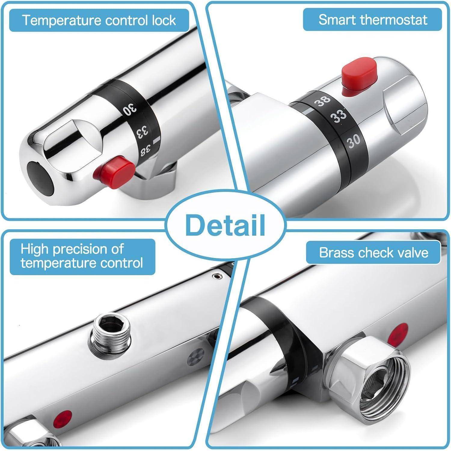 Bild zeigt eine Nahaufnahme eines intelligenten Thermostatsteuerungssystems mit hervorgehobenen Funktionen: Temperaturkontrollsperre, Smart-Thermostat, präzise Temperaturregelung und Messingabsperrventil.