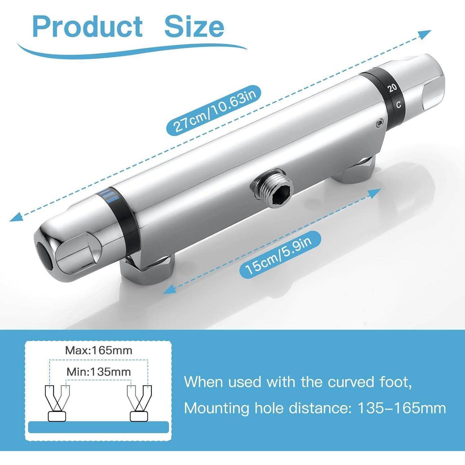Produktgröße wird mit folgenden Abmessungen angegeben: Hauptlänge 27 cm/10,63 Zoll, Breite 15 cm/5,9 Zoll. Lochabstand beträgt 135-165 mm. Enthält Diagramm.