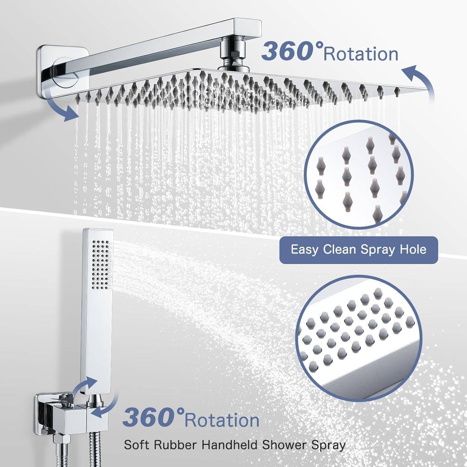 Eine Brause mit 360-Grad-Drehung wird gezeigt, die weiche Gummi-Handbrause und einfach zu reinigende Sprühlöcher für mehr Komfort bietet.