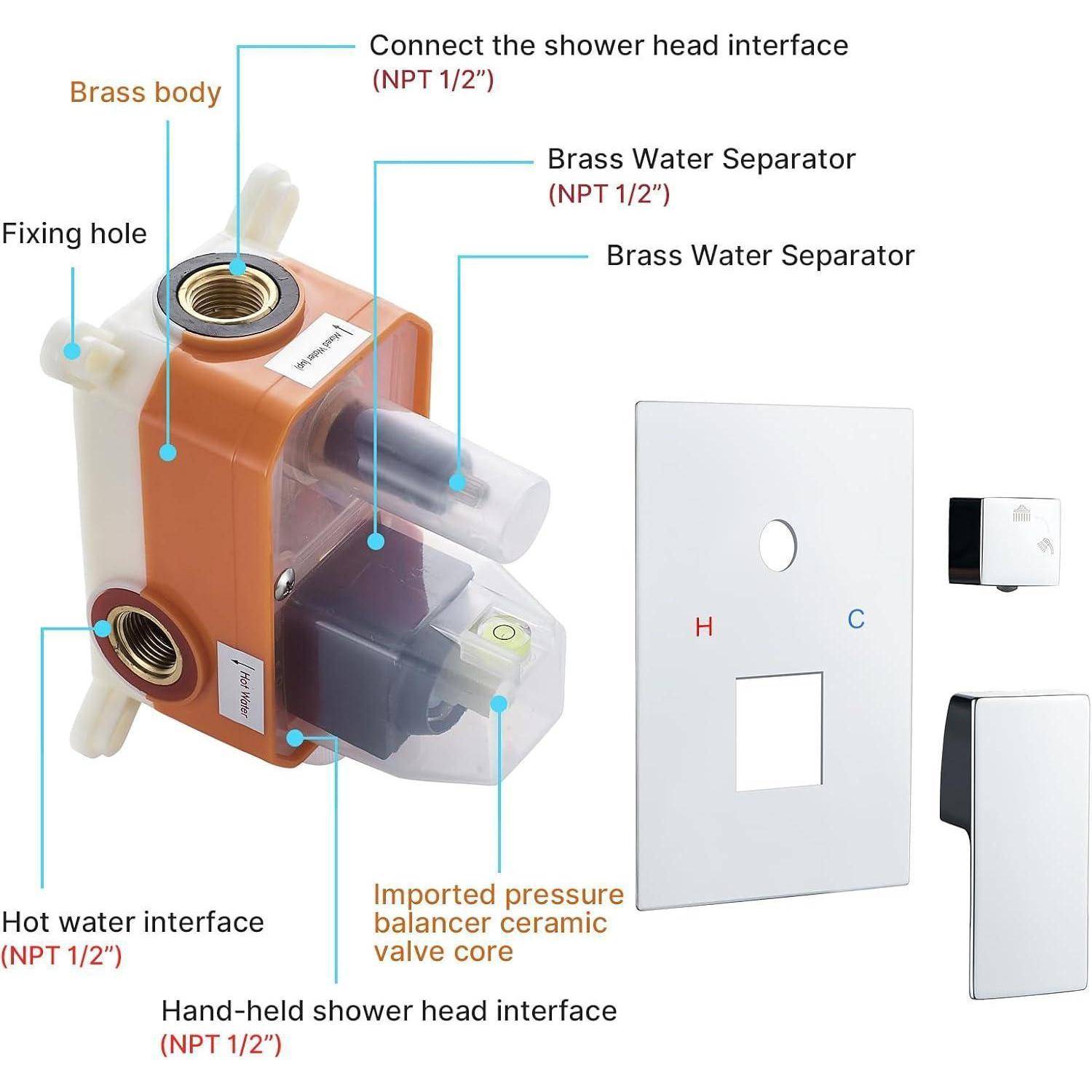 Duschventilsystem Beschriftungsdiagramm: Messingkörper, NPT 1/2'' Messing-Wassertrenner, Befestigungsloch, Schnittstellen für Warmwasser und Handbrause, importierter Keramikventileinsatz.