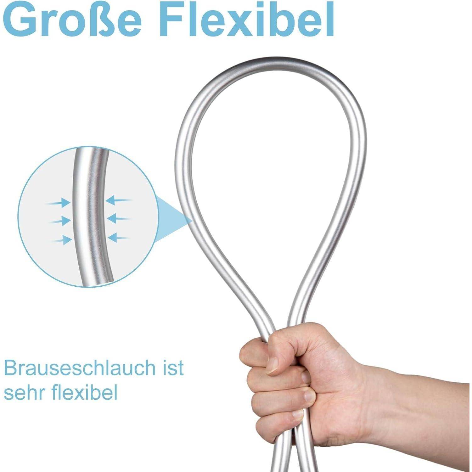 Eine Hand hält einen flexiblen Brauseschlauch, der an der Spitze zu einer Schlaufe geformt ist. Der Text lautet „Große Flexibel
