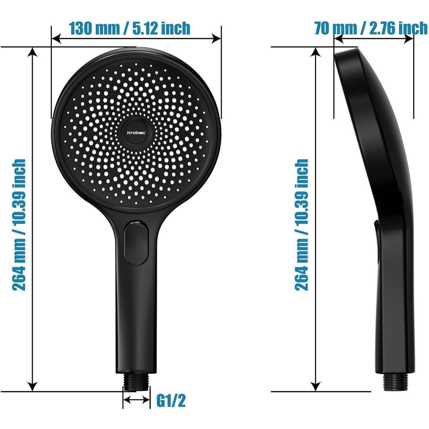 Handbrause mit Maßen: Durchmesser 130 mm (5,12 Zoll), Höhe 264 mm (10,39 Zoll); Breite 70 mm (2,76 Zoll); G1/2-Anschluss.