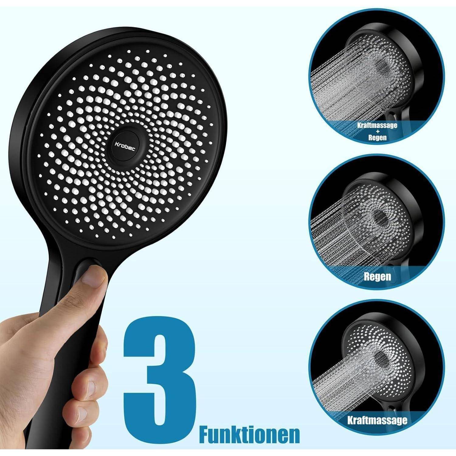 Duschkopf mit drei Funktionen: Power-Massage, Regen und Power-Massage-Regen-Kombination. Handgehaltener Duschkopf. Kreisförmiges Wasserverteilungsmuster.