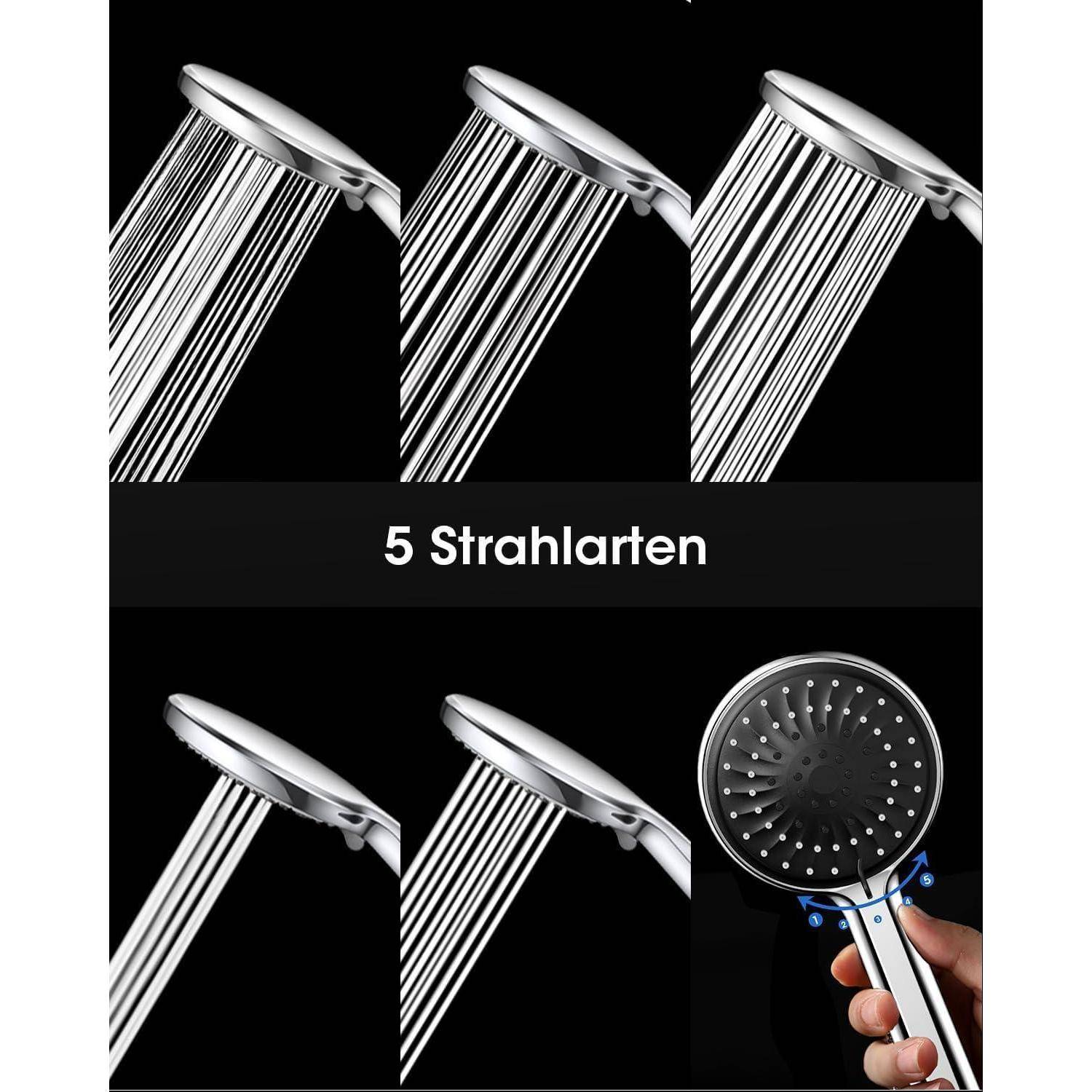 Duschkopf, der fünf verschiedene Strahlarten zeigt, einschließlich einer Nahaufnahme der Düse. Text lautet '5 Strahlarten'.