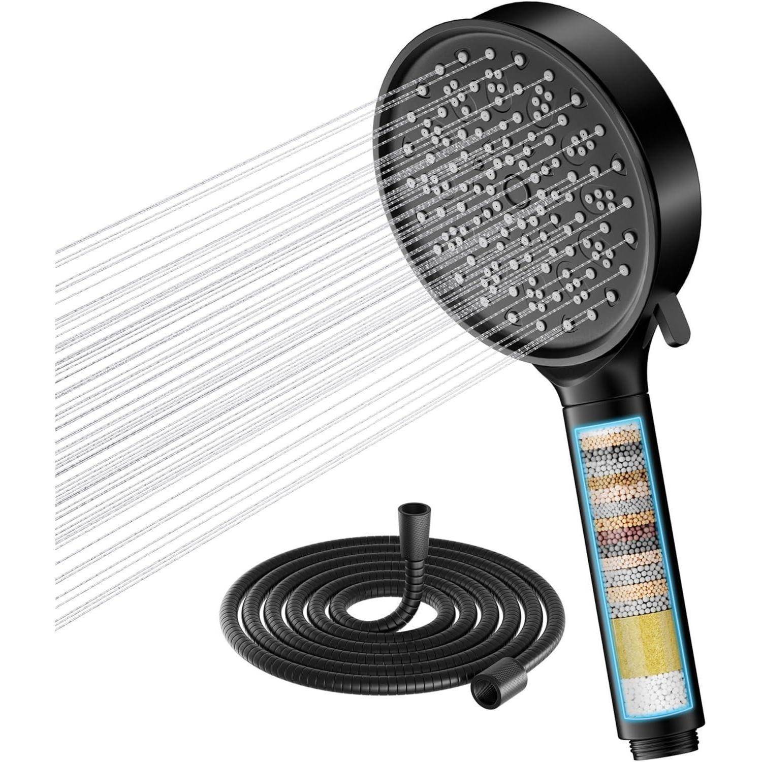 Hochdruck Duschkopf mit Schlauch 6 Strahlarten Schwarz