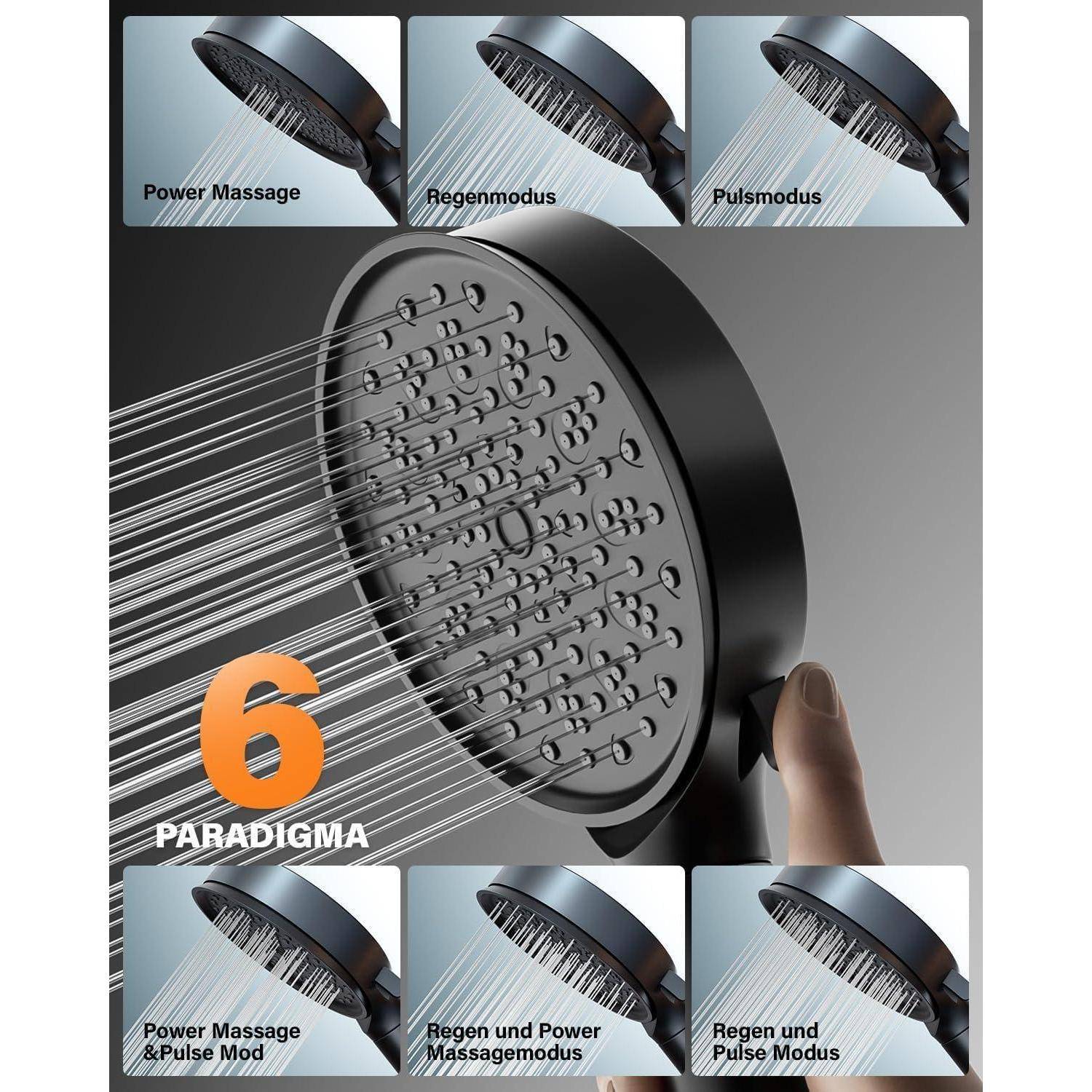Hand, die einen Duschkopf mit mehreren Sprühmodi hält: 'Kraftmassage', 'Regenmodus', 'Pulsmodus', 'Kraftmassage & Pulsmodus', 'Regen- und Kraftmassagemodus', 'Regen- und Pulsmodus'.