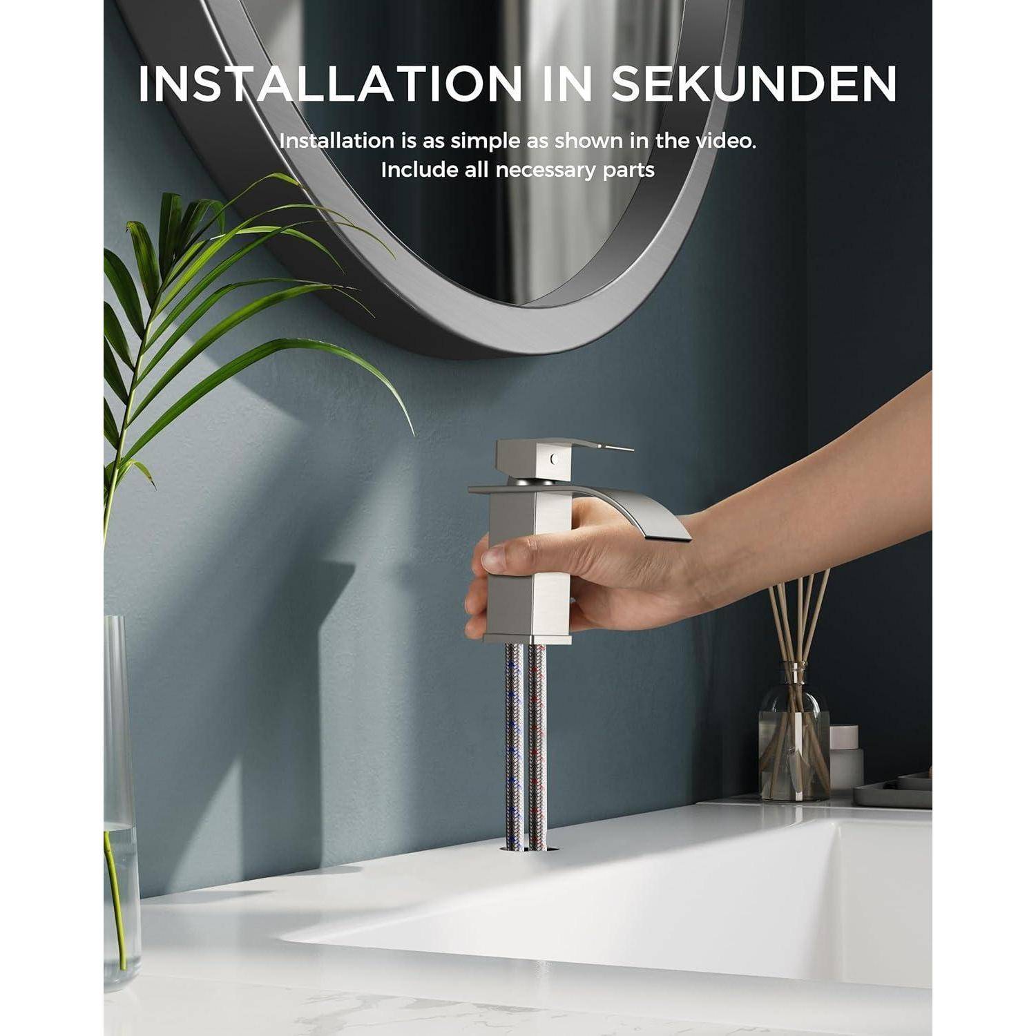 Eine Person, die einen modernen Wasserhahn in einem Badezimmer installiert, mit Anweisungen, die 