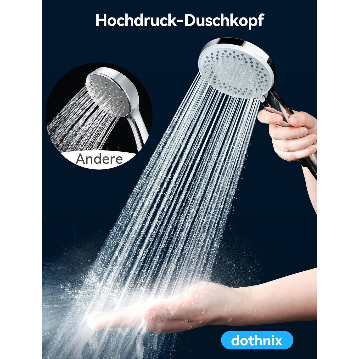 Eine Person hält einen Hochdruck-Duschkopf, der einen starken, breiten Wasserstrahl auf eine offene Hand spritzt. Text lautet 'Hochdruck-Duschkopf'.