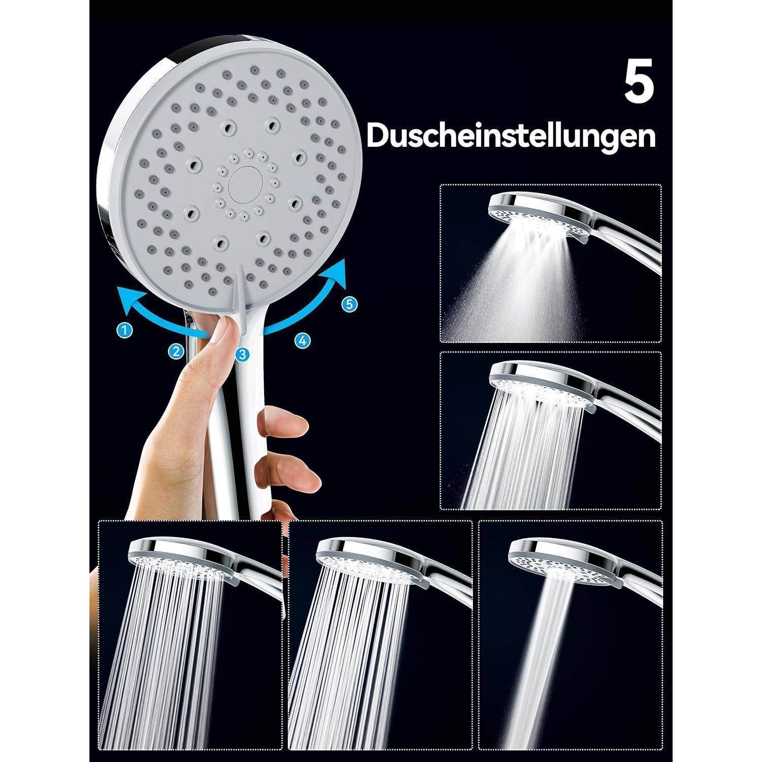 Duschkopf mit fünf Einstellungen, der verschiedene Wasserströmungsmuster zeigt. Eine Hand stellt den Kopf ein und hebt die vielseitige Funktionalität hervor.