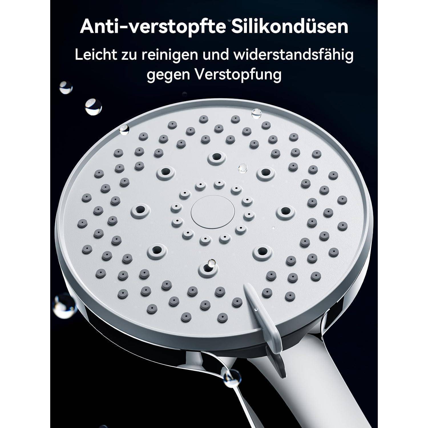 Eine Duschbrause mit Anti-Verstopfungs-Silikondüsen, gekennzeichnet als 'Anti-verstopfte Silikondüsen', leicht zu reinigen und verstopfungsresistent.