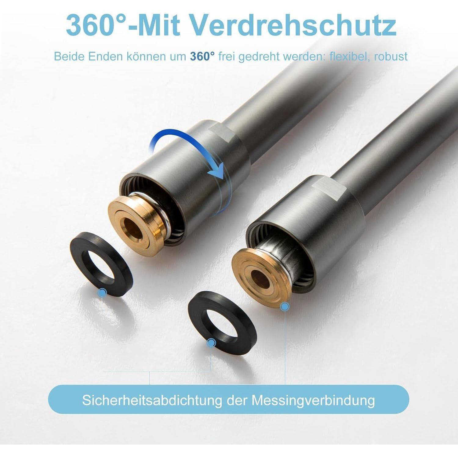 Zwei metallische Rohre mit 360-Grad-Drehgelenken und Schutzringen, die sichere Verbindungen für Sanitärzwecke demonstrieren.