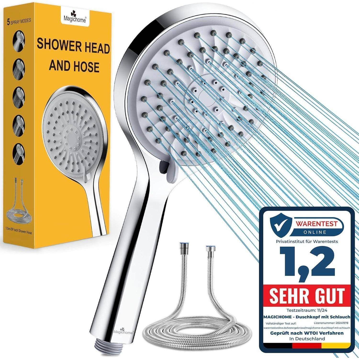 Duschkopf Handbrause Hochdruck 5 Strahlarten Grau mit Schlauch