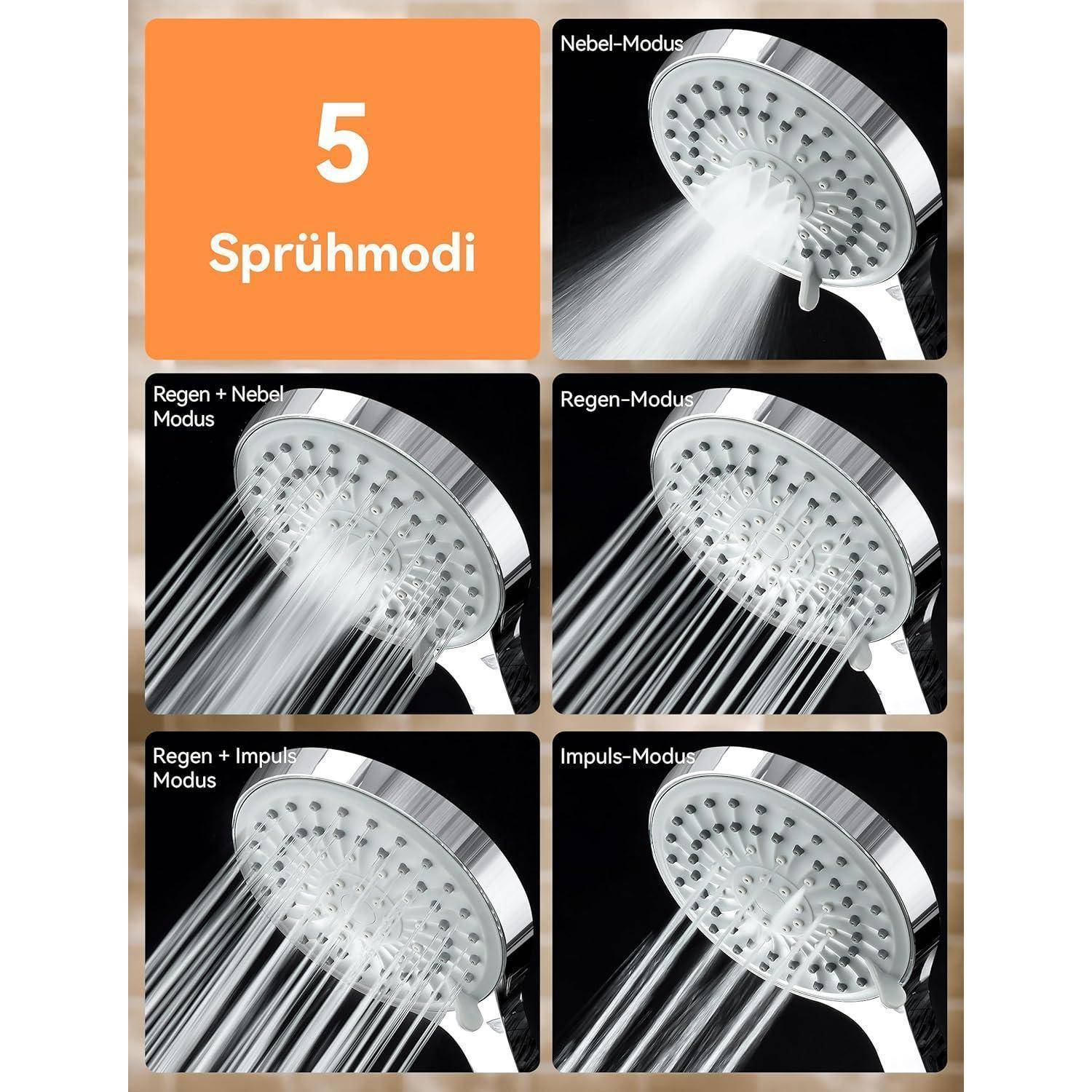 Duschkopf Handbrause Hochdruck 5 Strahlarten Grau mit Schlauch