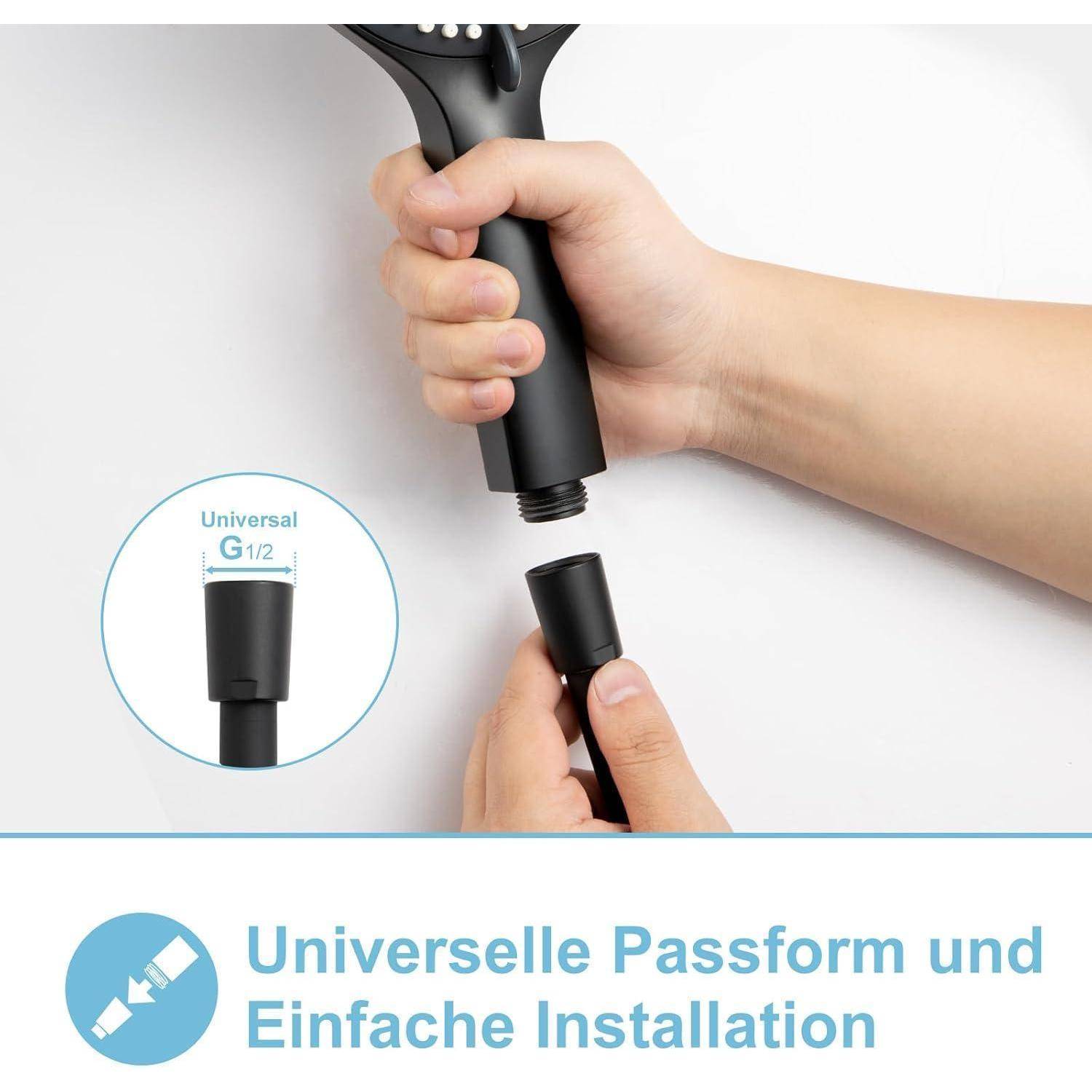 Hände montieren eine Komponente mit der Bezeichnung Universal G1/2. Text lautet: Universelle Passform und Einfache Installation.