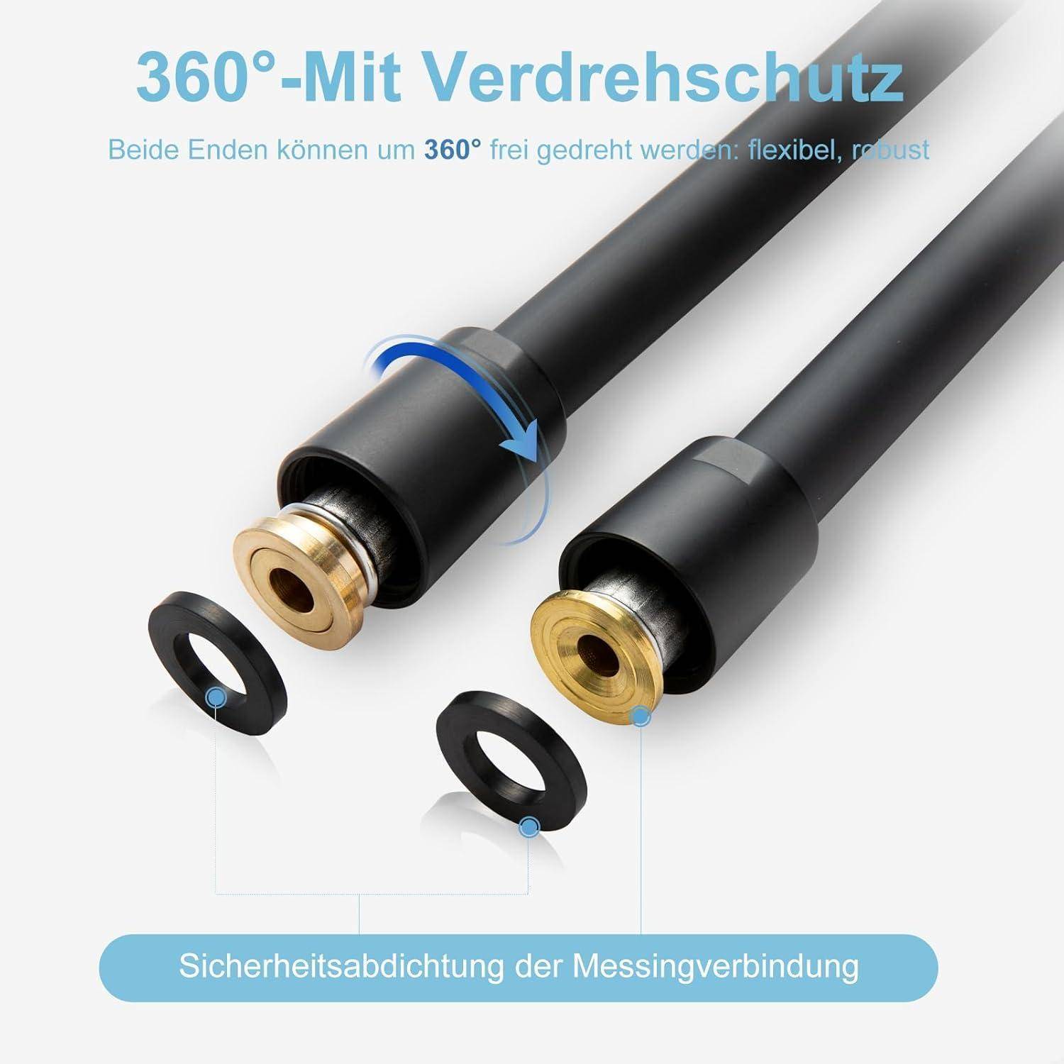 360° mit Drehsicherung' Text über einer flexiblen, drehbaren Schlauchverbindung. Ringe und Anschlüsse mit Pfeilen dargestellt, die die Rotation veranschaulichen.