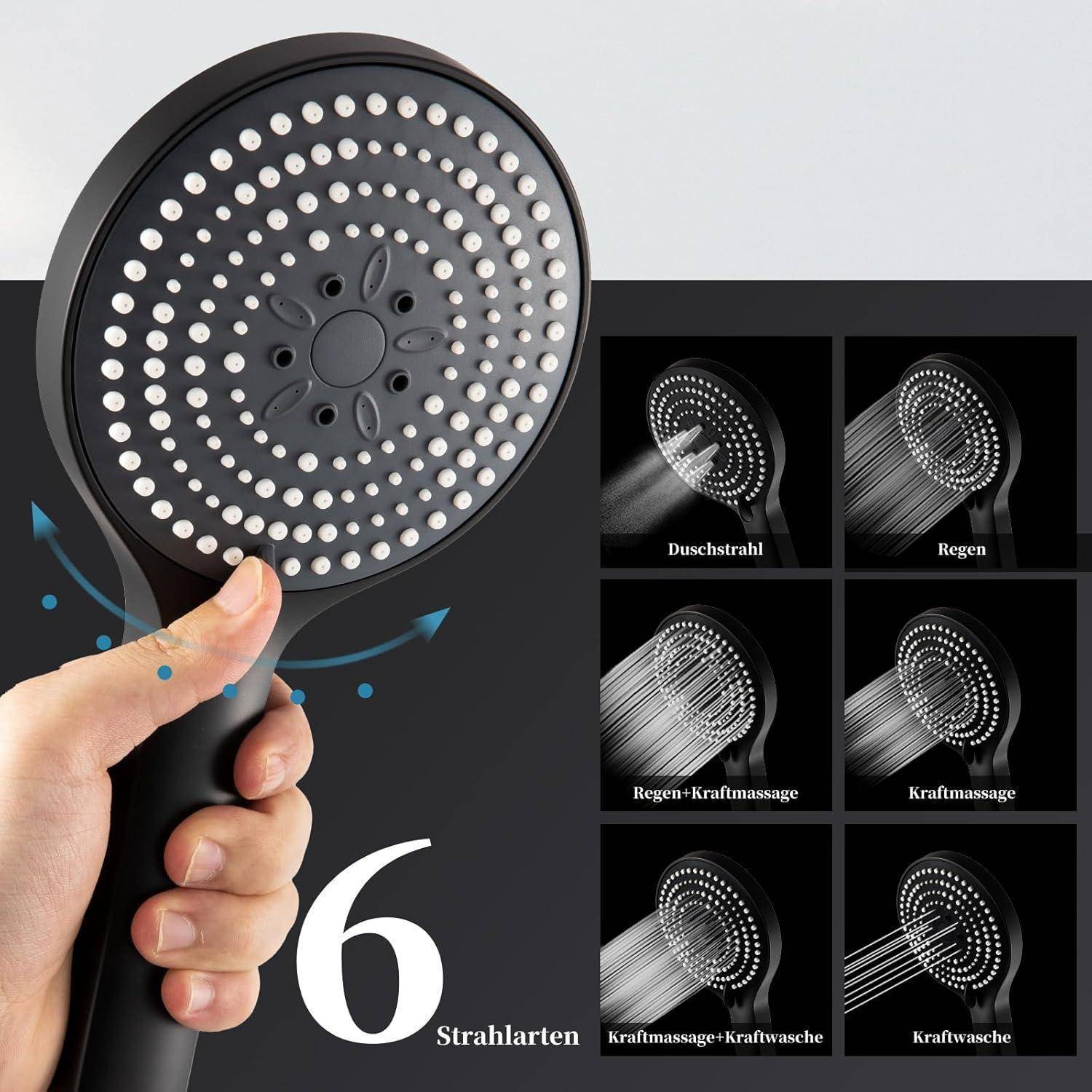 Duschkopf schwarz groß XXL 130 mm 6 Strahlarten Brausekopf Schwarz
