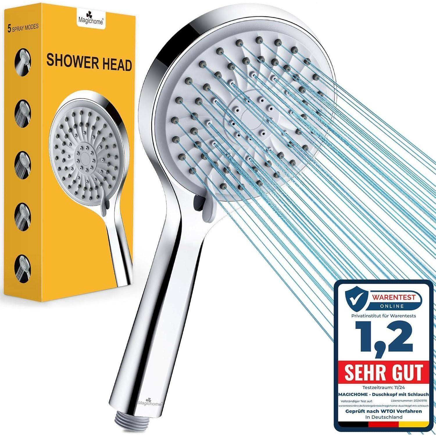 Eine Brause mit fünf Sprühmodi wird auf der Verpackung mit einer Bewertung von 'Sehr Gut 1,2' von Warentest Online präsentiert.