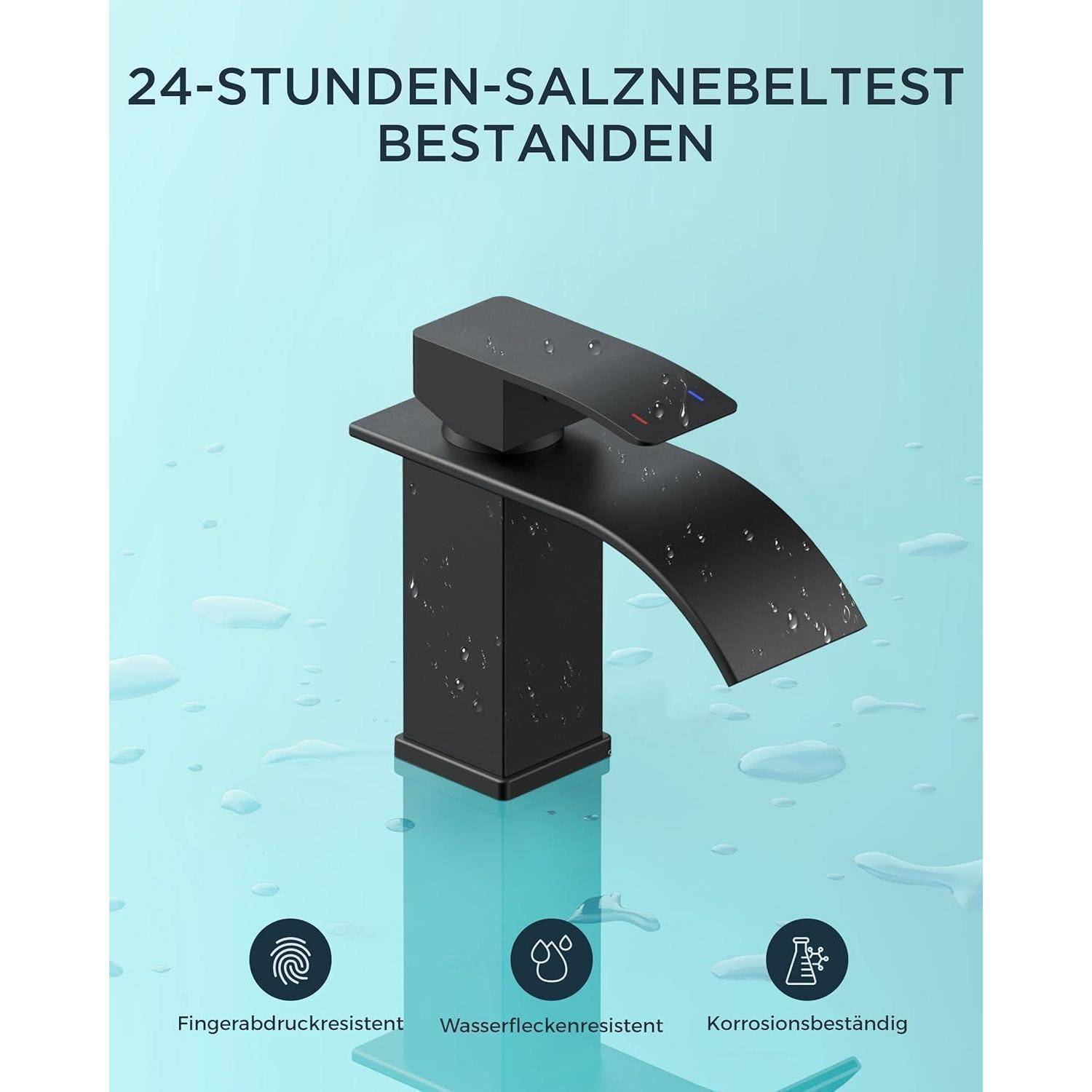 Schwarzer Wasserhahn mit Wassertropfen, gekennzeichnet mit '24-Stunden-Salznebeltest bestanden', der Widerstandsfähigkeit gegen Fingerabdrücke, Wasserflecken und Korrosion anzeigt.