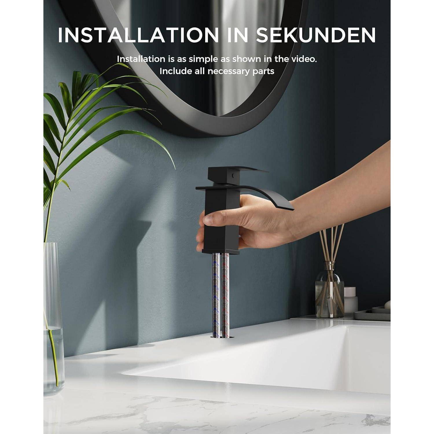 Eine Hand installiert einen modernen schwarzen Wasserhahn auf einem weißen Waschbecken. Text oben liest: 'INSTALLATION IN SEKUNDEN', und unten: 'Die Installation ist so einfach, wie im Video gezeigt. Alle erforderlichen Teile sind enthalten.