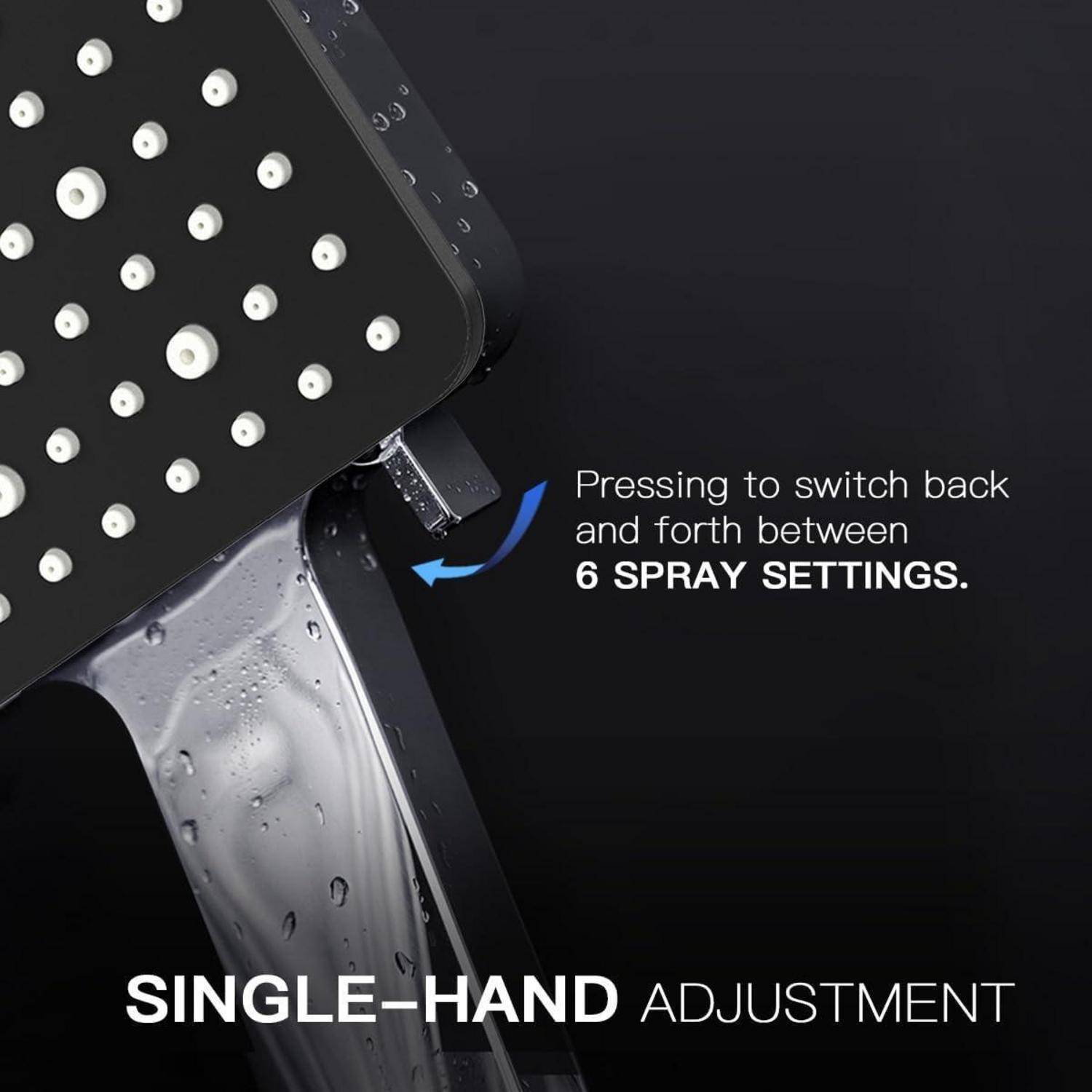 Das Bild zeigt einen Duschkopf mit Wassertropfen und einen Knopf zum Umschalten zwischen '6 Strahleinstellungen'. Der Text lautet 'Einhand-Verstellung'.
