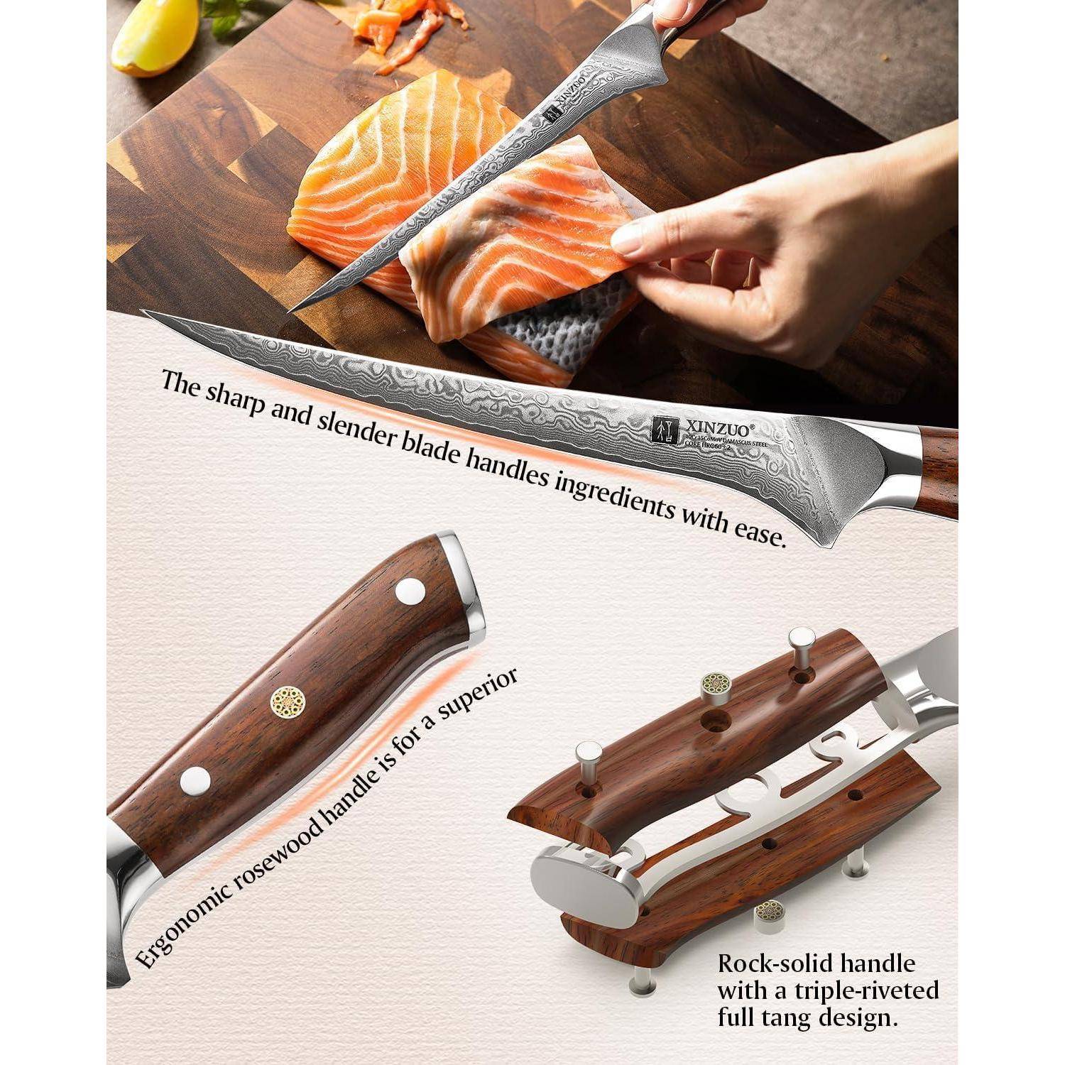 Ein Filetiermesser schneidet Lachs auf einem Holzbrett. Texthervorhebung: ‚Die scharfe und schlanke Klinge verarbeitet Zutaten mühelos.' Das Messer verfügt über einen ergonomischen Rosenholzgriff und eine absolut stabile Konstruktion.