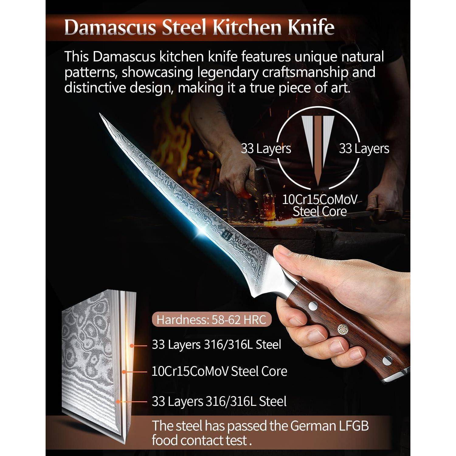 Damaszener Stahl Küchenmesser mit 33-lagiger 316L Stahlkonstruktion, Stahlkern aus 10Cr15CoMoV, Härte von 58-62 HRC, bestanden den deutschen LFGB-Lebensmittelkontakttest.