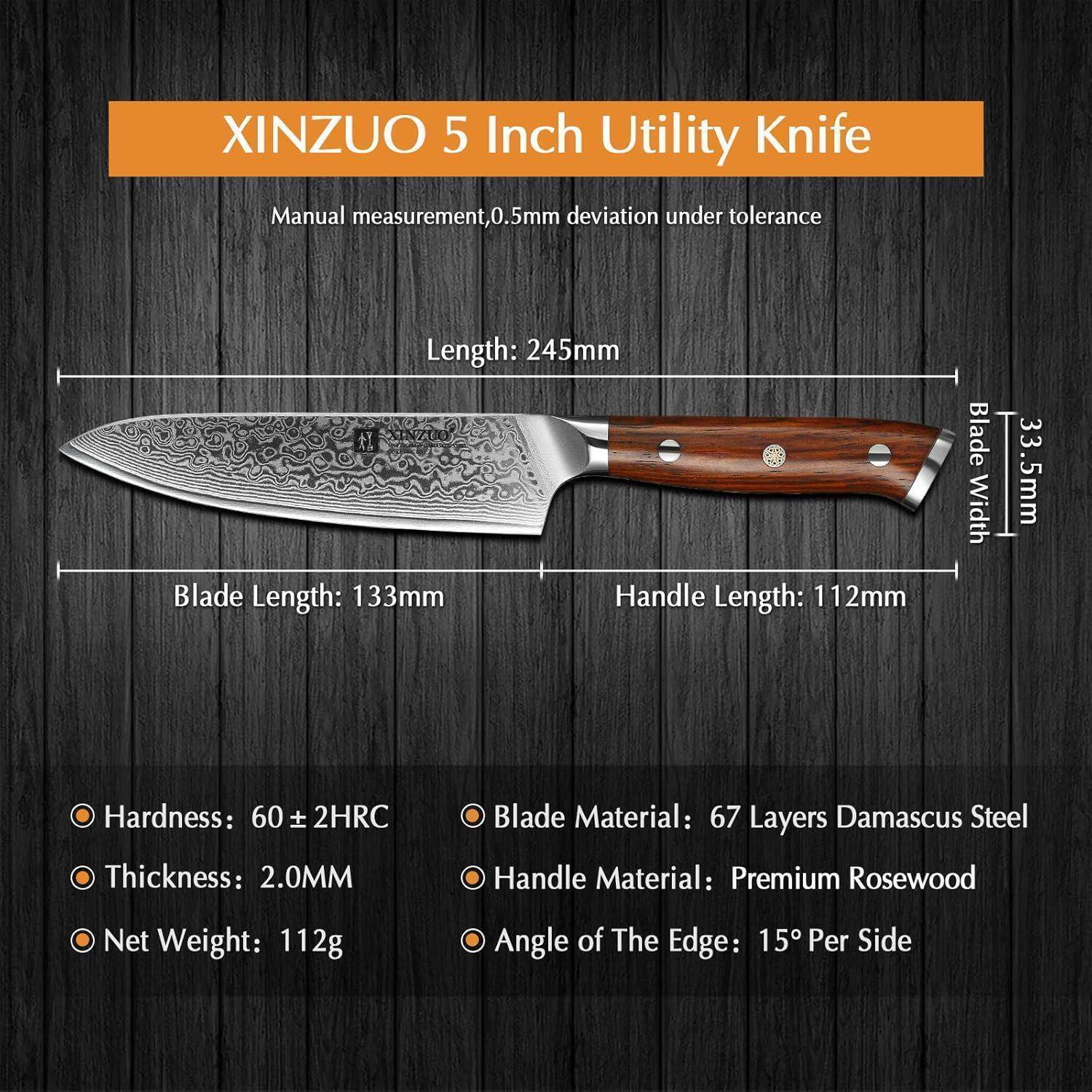 XINZUO 5-Zoll Universalmesser aus 67-lagigem Damaszenerstahl, mit hochwertigem Rosenholzgriff und 60+2 HRC Härte. Klingenlänge: 133 mm.