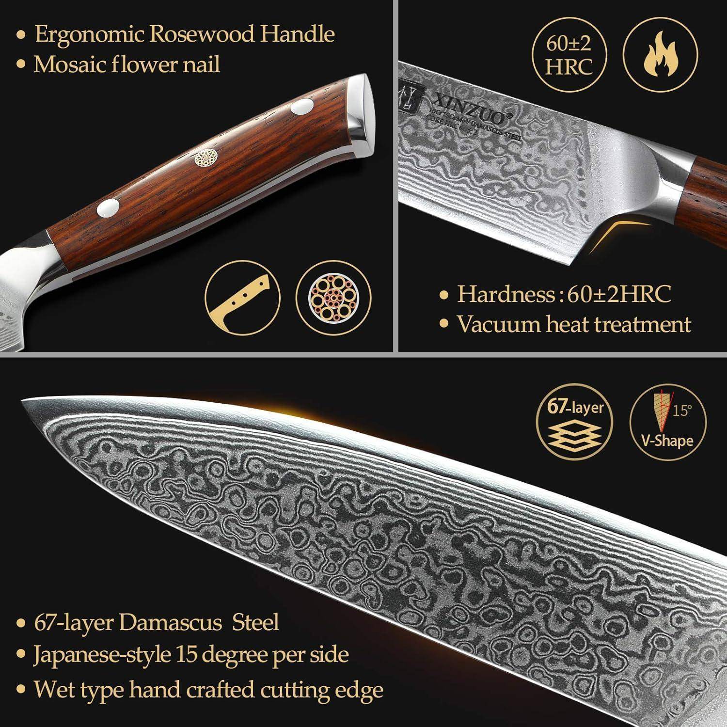 Das Bild zeigt ein Messer mit folgenden Details: ergonomischer Rosenholzgriff, Mosaikblumen-Nagel, 60+2 HRC Härte, 67-lagiger Damaszenerstahl.