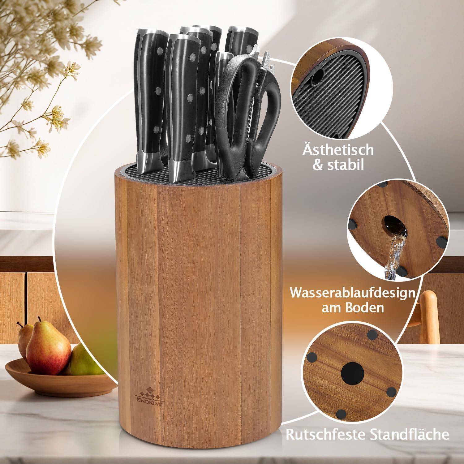 Messerblock aus Holz mit Schlitzen für verschiedene Messer, mit ästhetischer Stabilität, Wasserablaufdesign an der Basis und rutschfester Oberfläche.