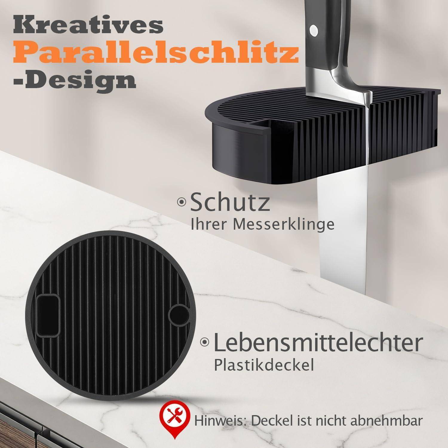 Messerhalter für Küchenmesser mit schwarzer Kunststoffabdeckung, mit paralleler Konstruktion zum Messerschutz. Der deutsche Text hebt die Vorteile hervor und weist darauf hin, dass der Deckel nicht abnehmbar ist.