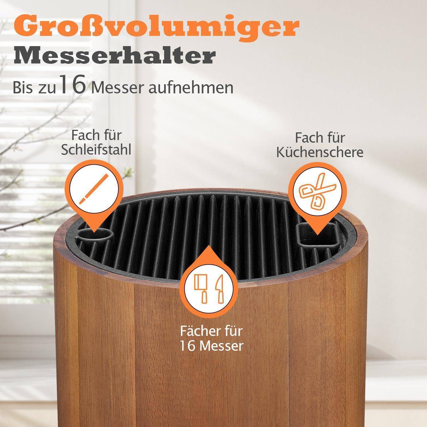 Holzmesserhalter hält bis zu 16 Messer; verfügt über Schlitze für Küchenscheren. Text lautet: 'Großvolumiger Messerhalter'.